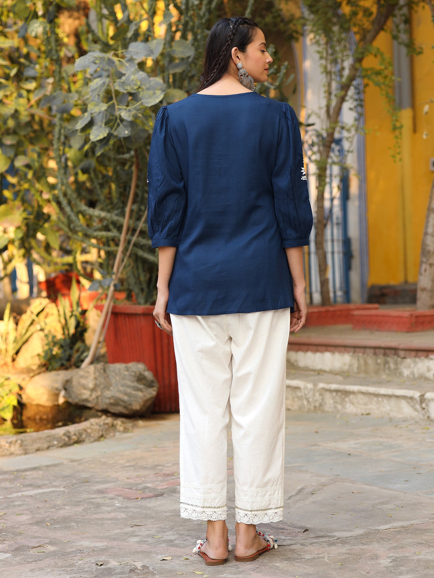 Navy Blue Rayon Embroidered Tunic