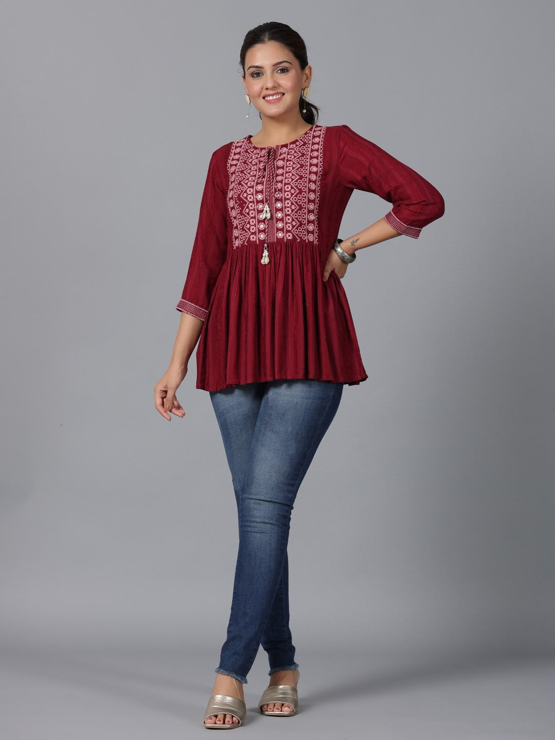 Juniper Maroon Geometric Printed Rayon Tunic With Thread Work
