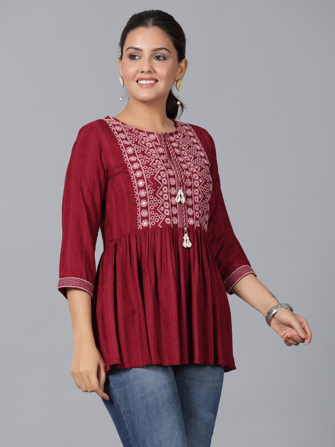 Juniper Maroon Geometric Printed Rayon Tunic With Thread Work