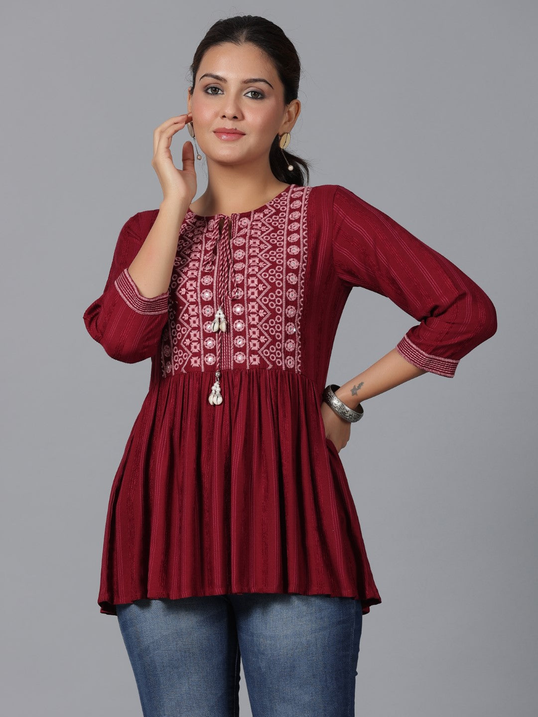 Juniper Maroon Geometric Printed Rayon Tunic With Thread Work