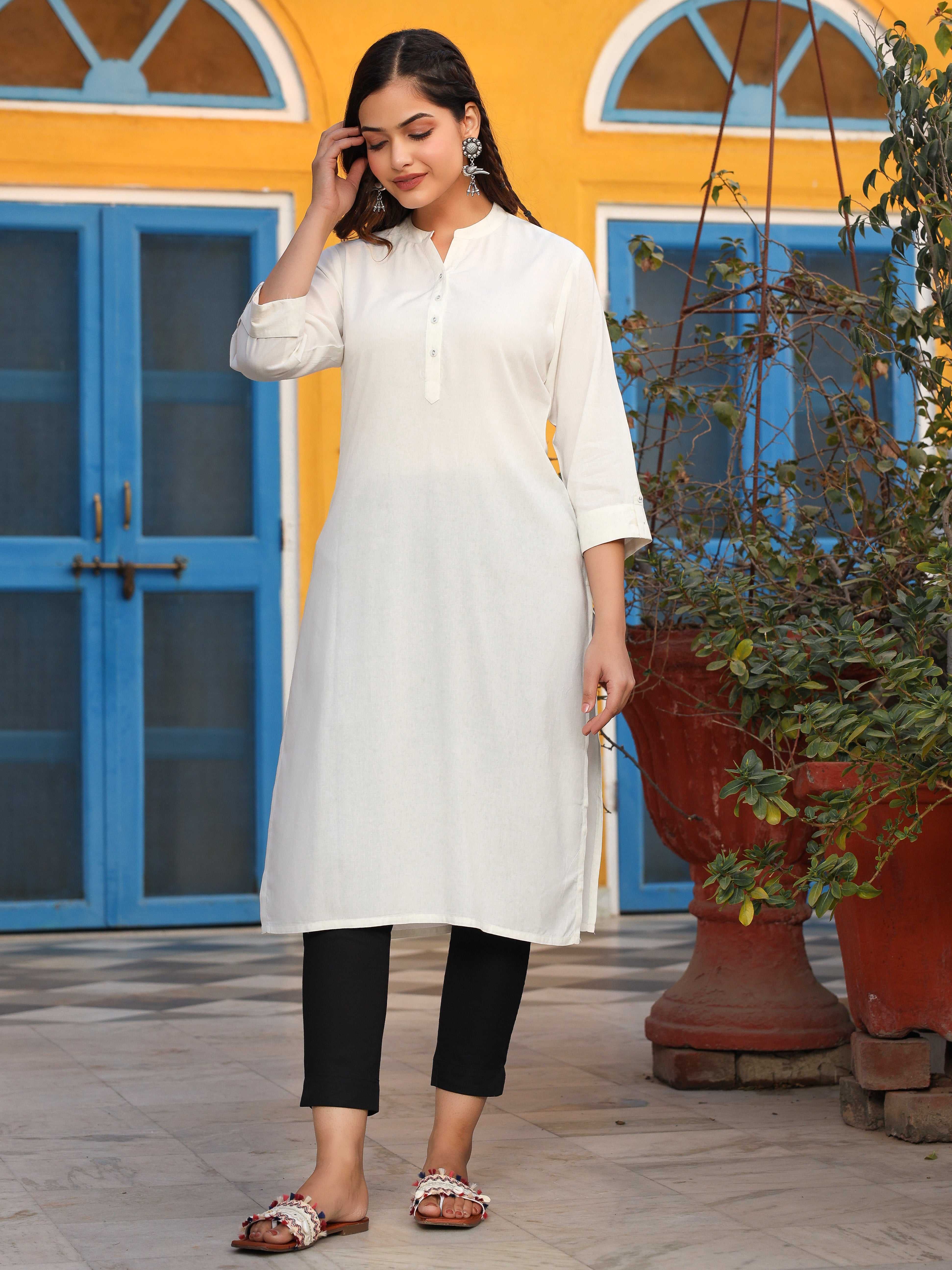 Juniper White Solid Modal Rayon Straight Kurta With Half Placket At Front