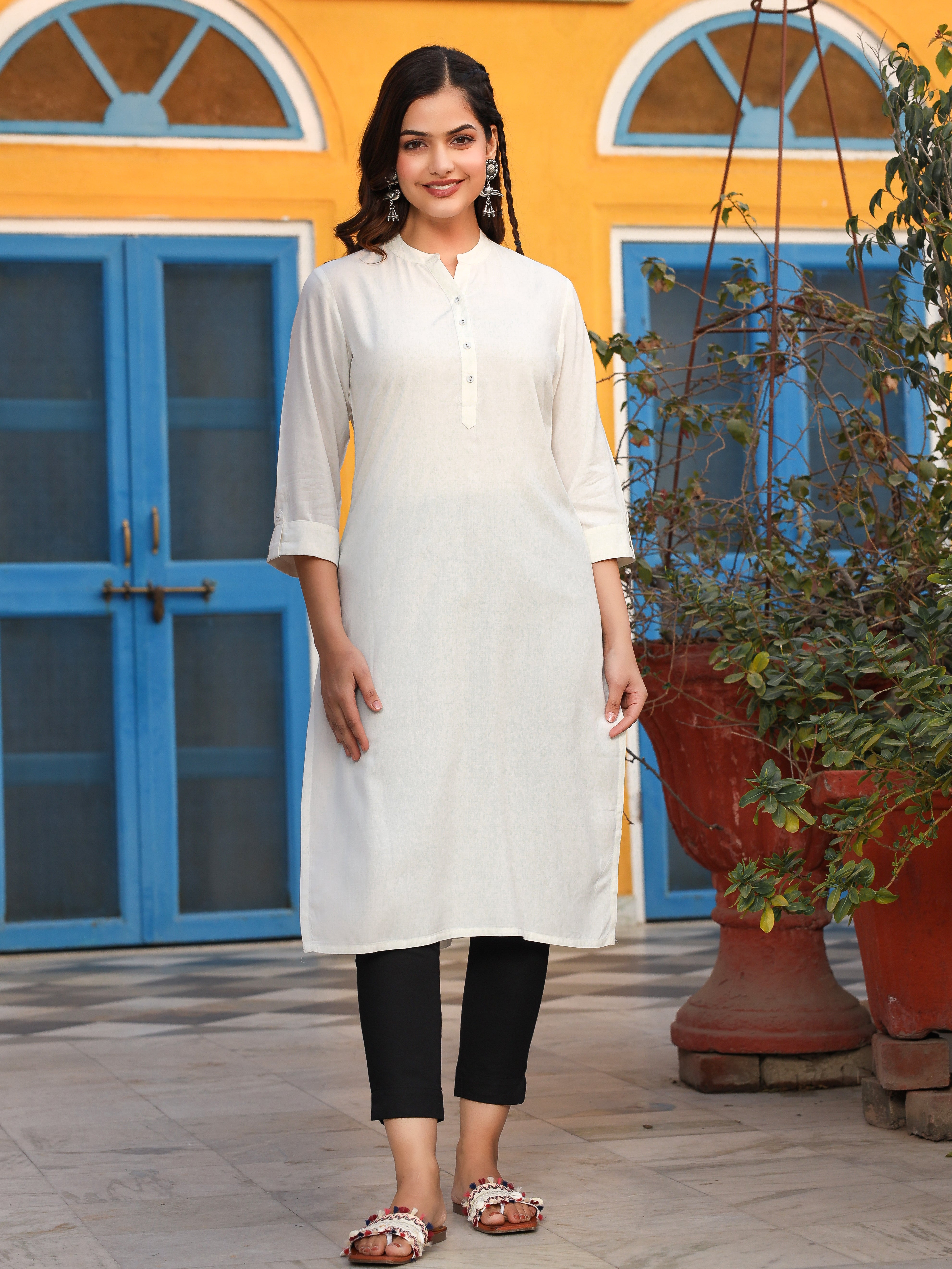Juniper White Solid Modal Rayon Straight Kurta With Half Placket At Front