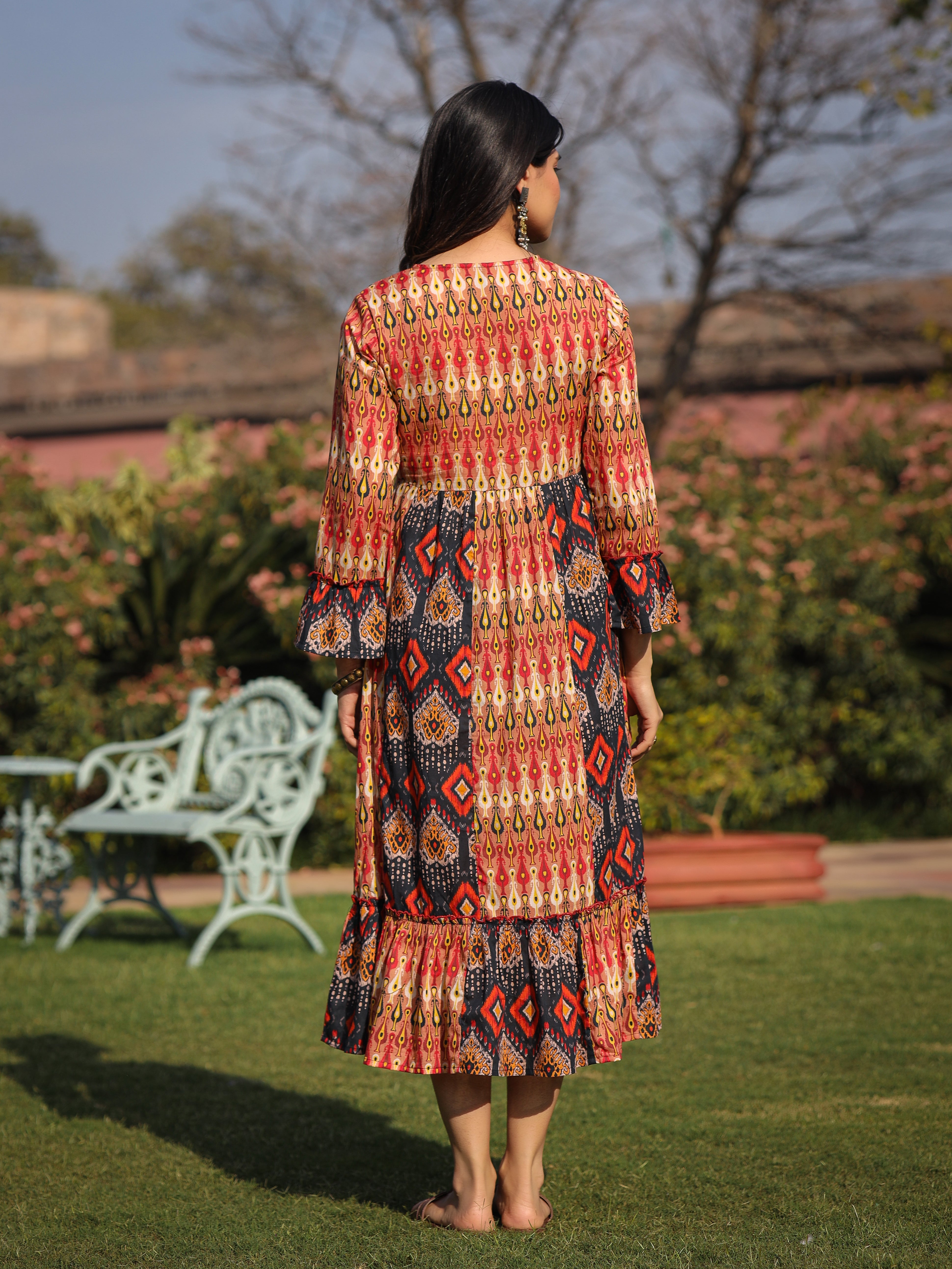 Rust Ikat Printed Cotton Maxi Dress with Embroidered Neckline