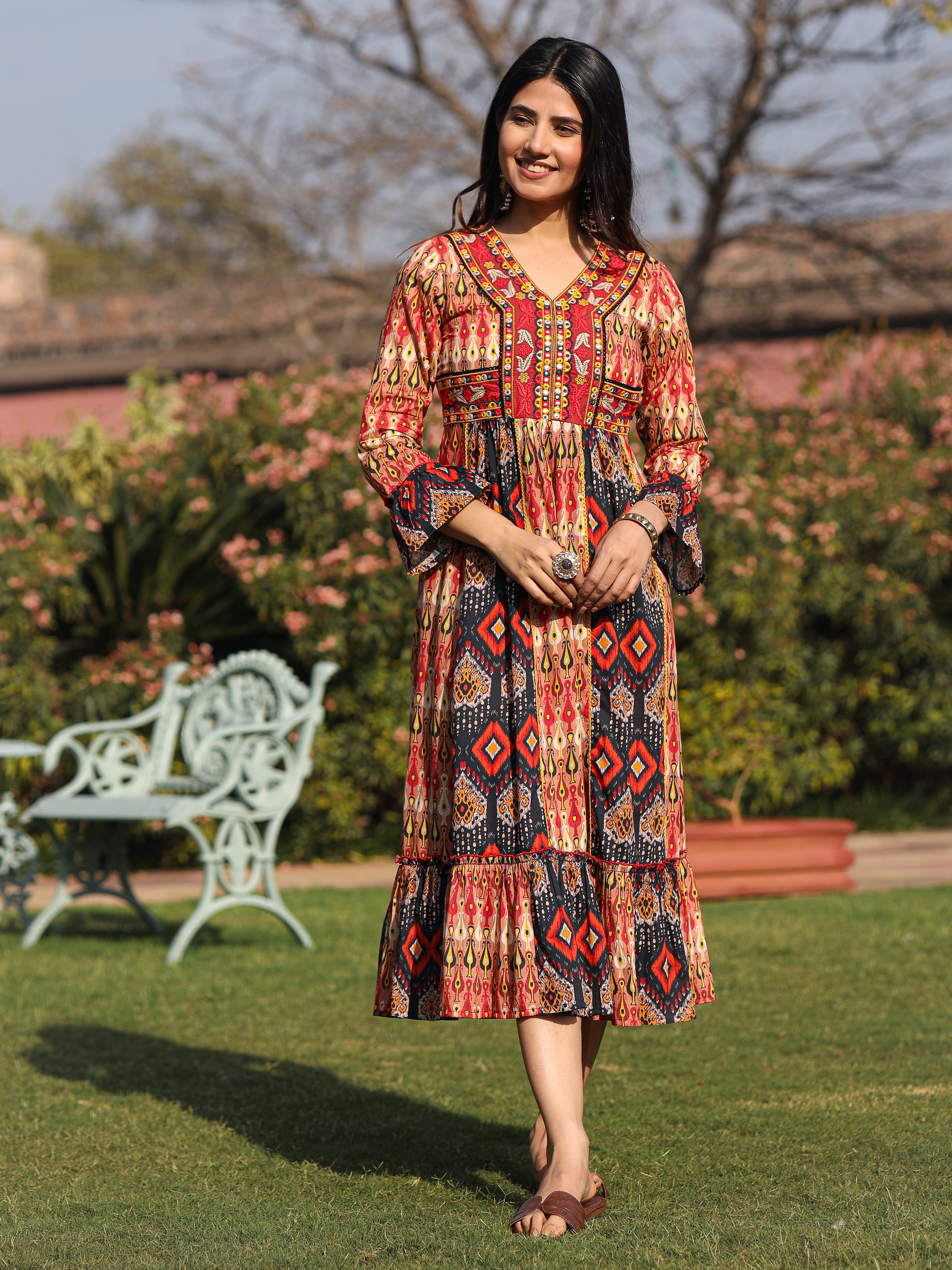 Rust Ikat Printed Cotton Maxi Dress with Embroidered Neckline