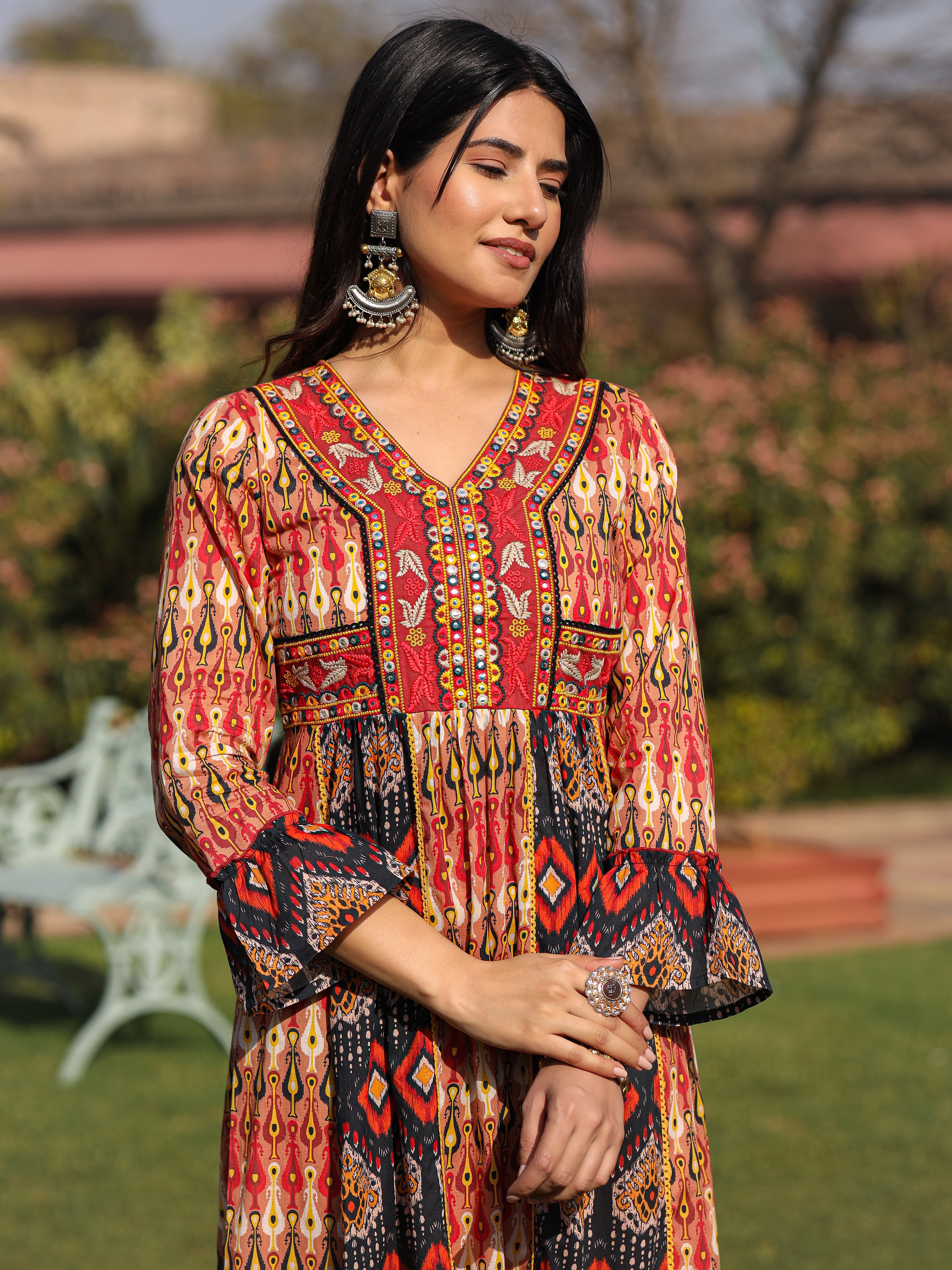 Rust Ikat Printed Cotton Maxi Dress with Embroidered Neckline