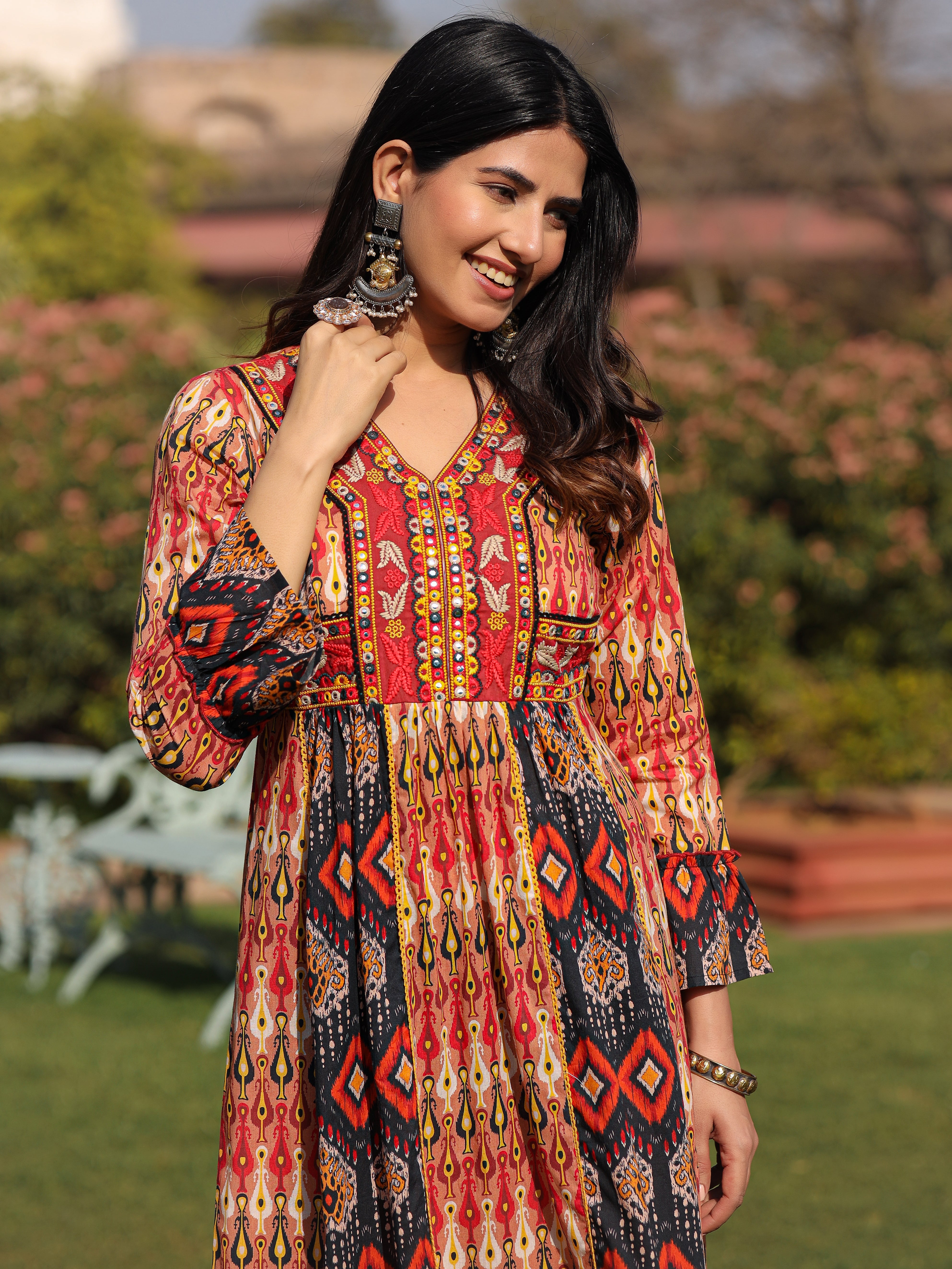 Rust Ikat Printed Cotton Maxi Dress with Embroidered Neckline