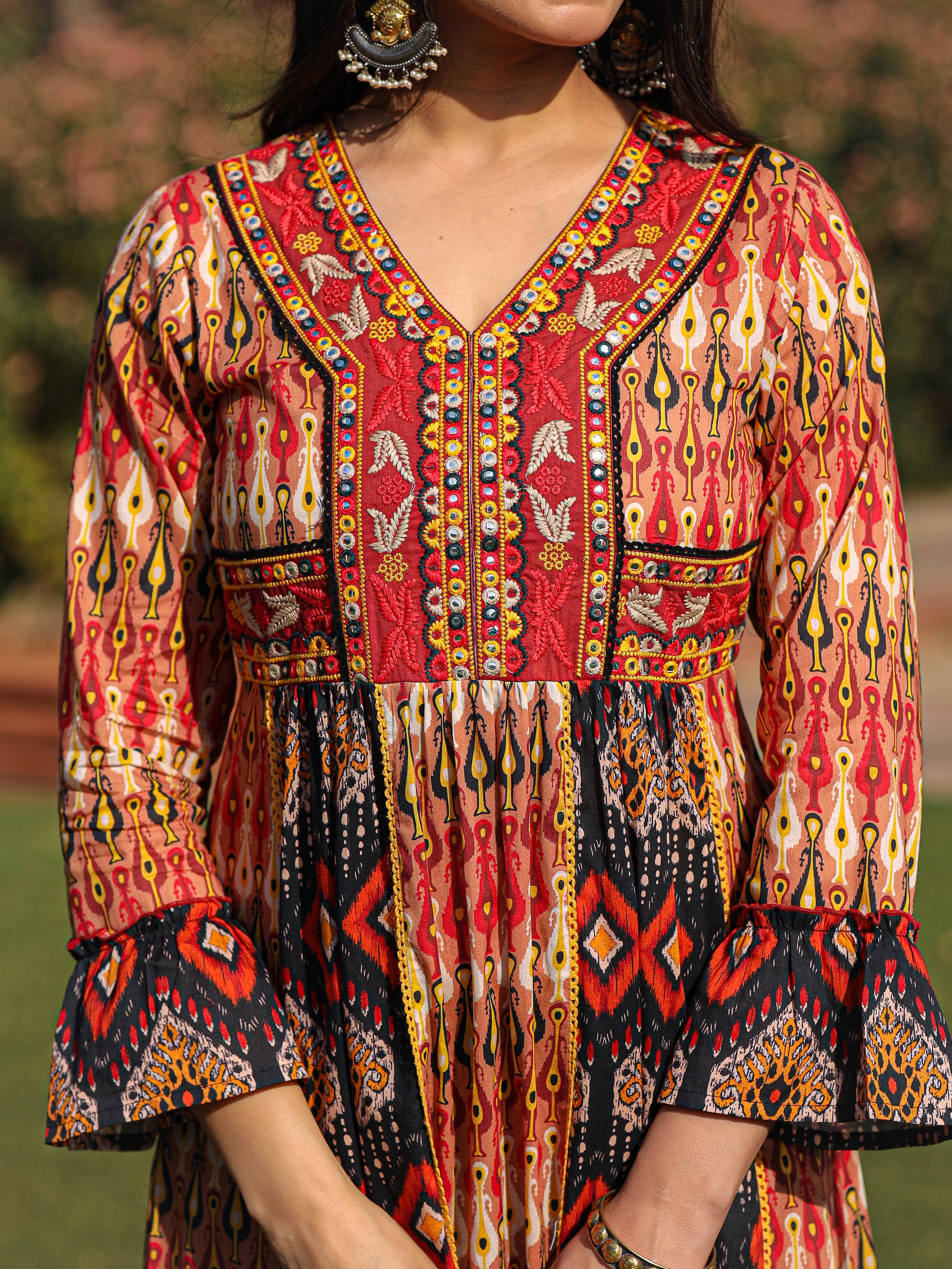 Rust Ikat Printed Cotton Maxi Dress with Embroidered Neckline