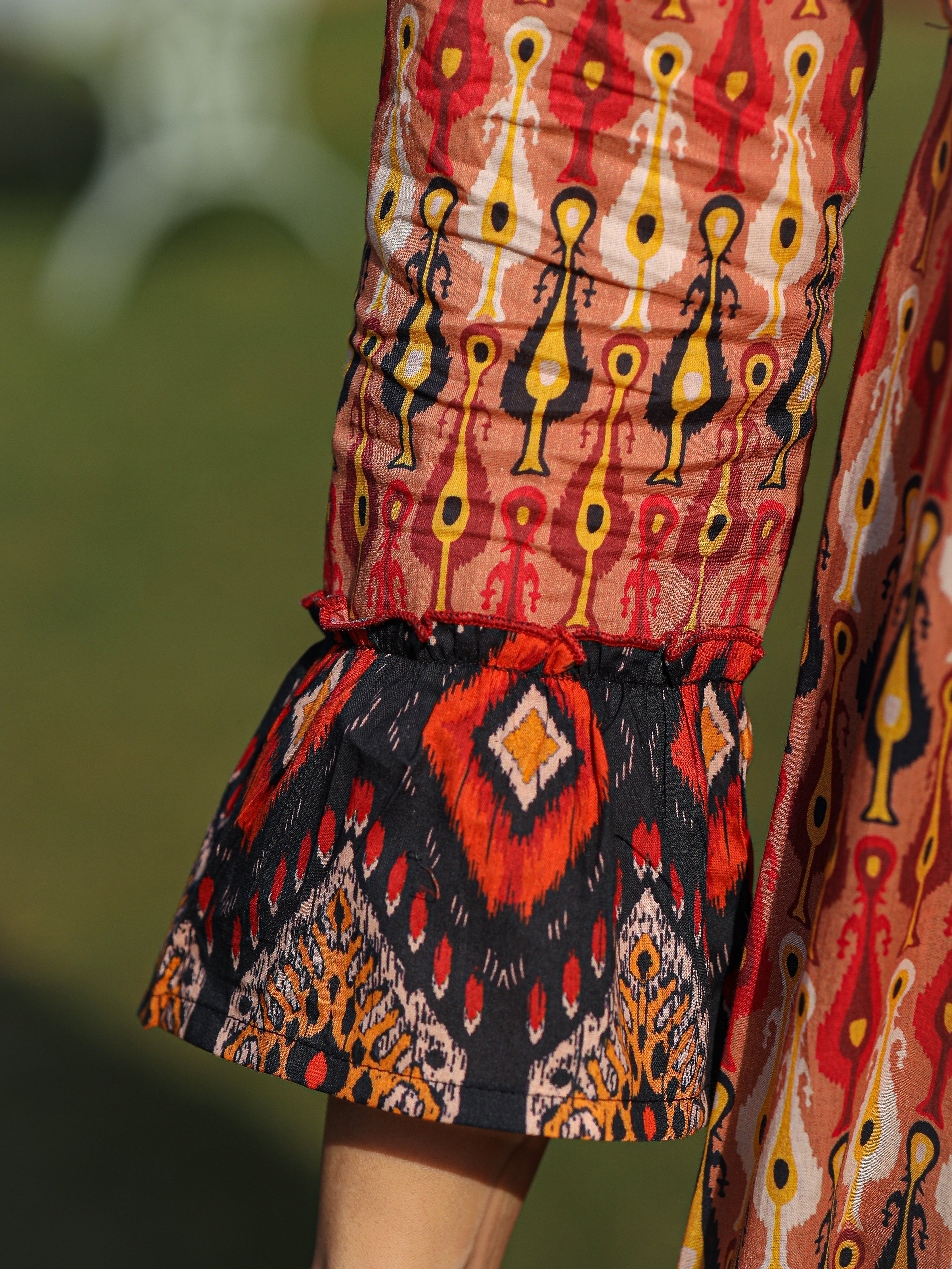 Rust Ikat Printed Cotton Maxi Dress with Embroidered Neckline