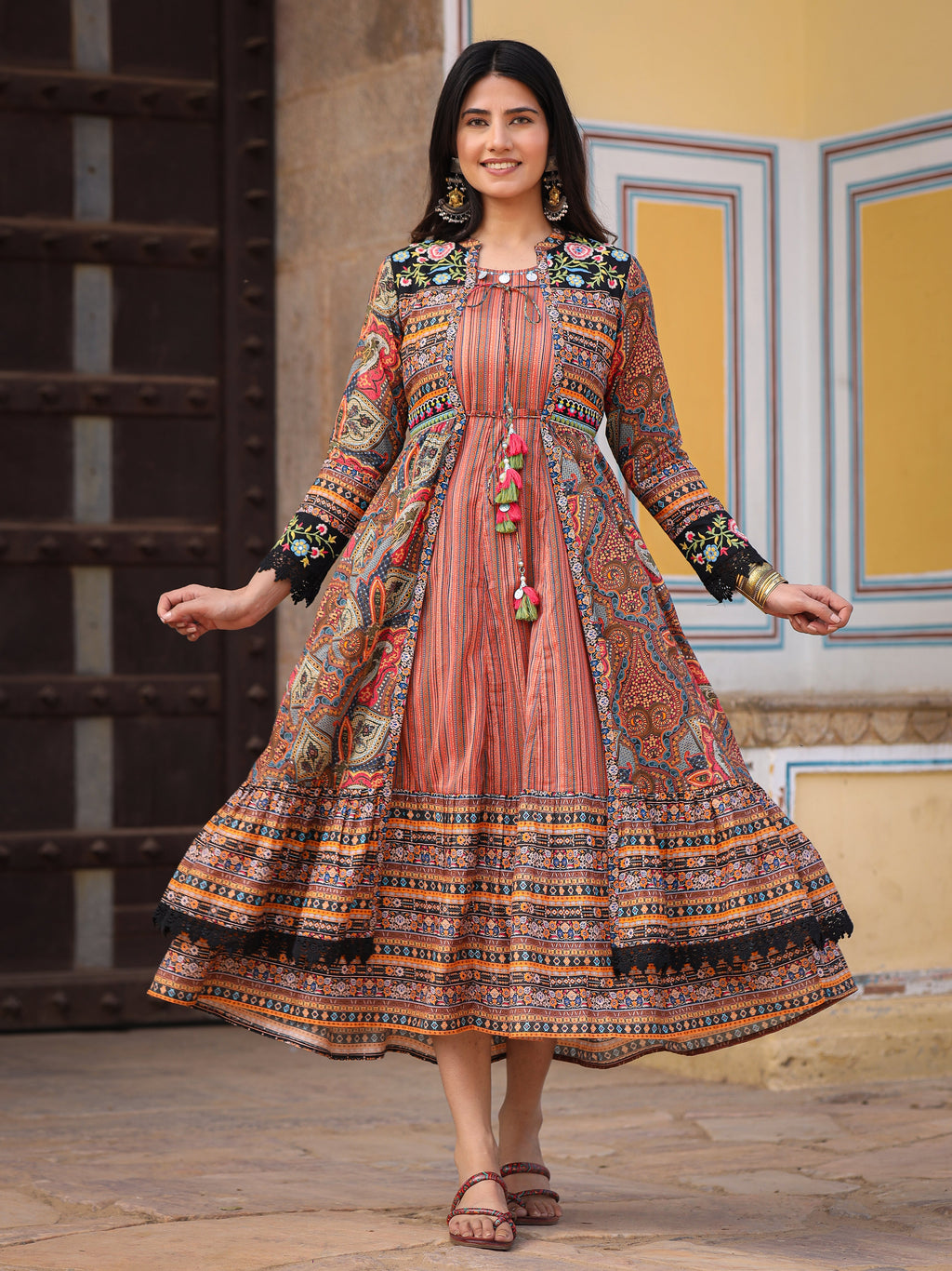 indian maxi dress Multi-Colored Ethnic Maxi Dress with Embroidered Jacket