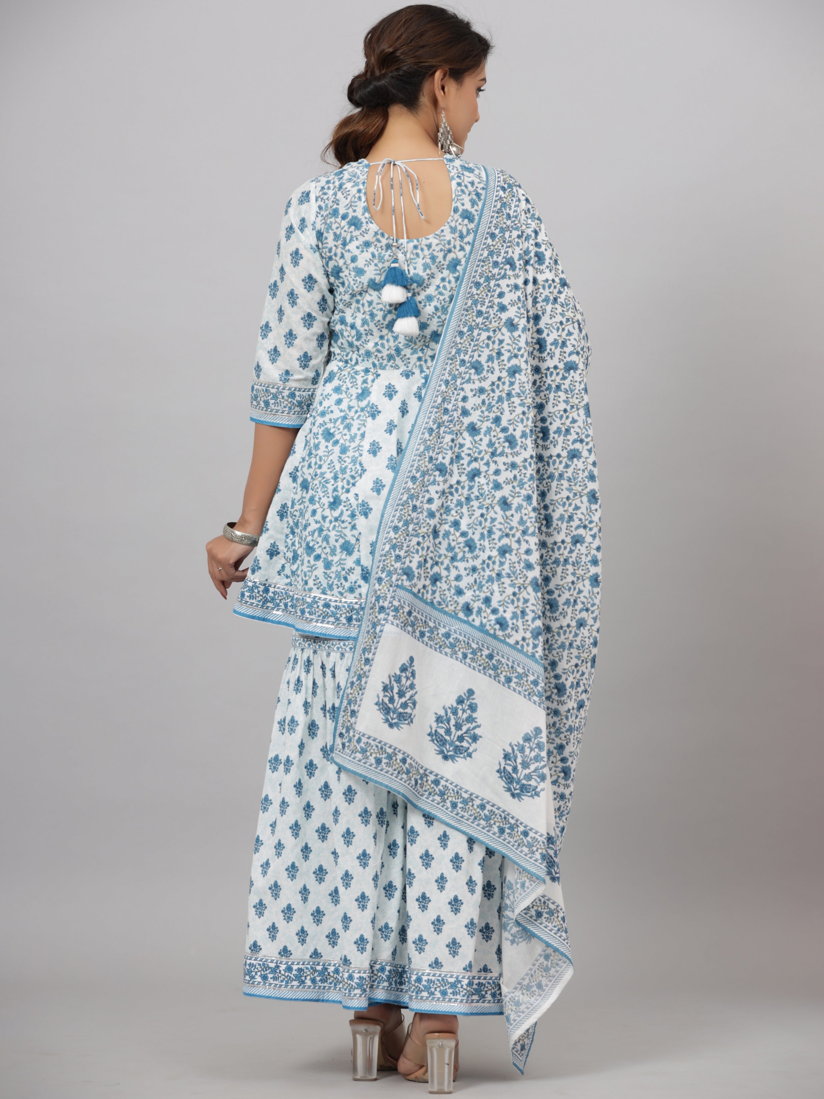 Juniper Women's Blue Cotton Cambric Floral Placement Printed Anarkali Kurta Sharara & Dupatta Set