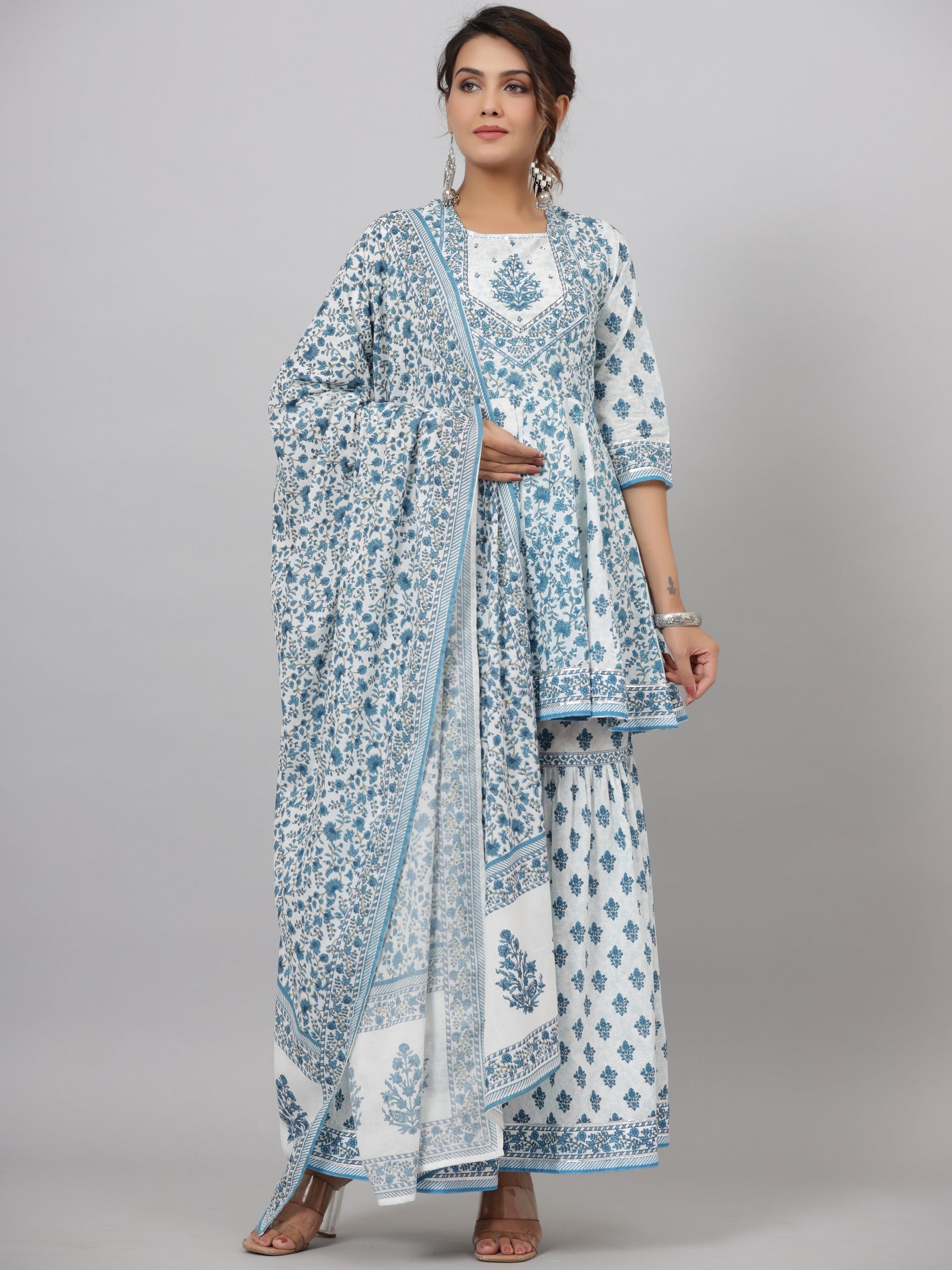Juniper Women's Blue Cotton Cambric Floral Placement Printed Anarkali Kurta Sharara & Dupatta Set