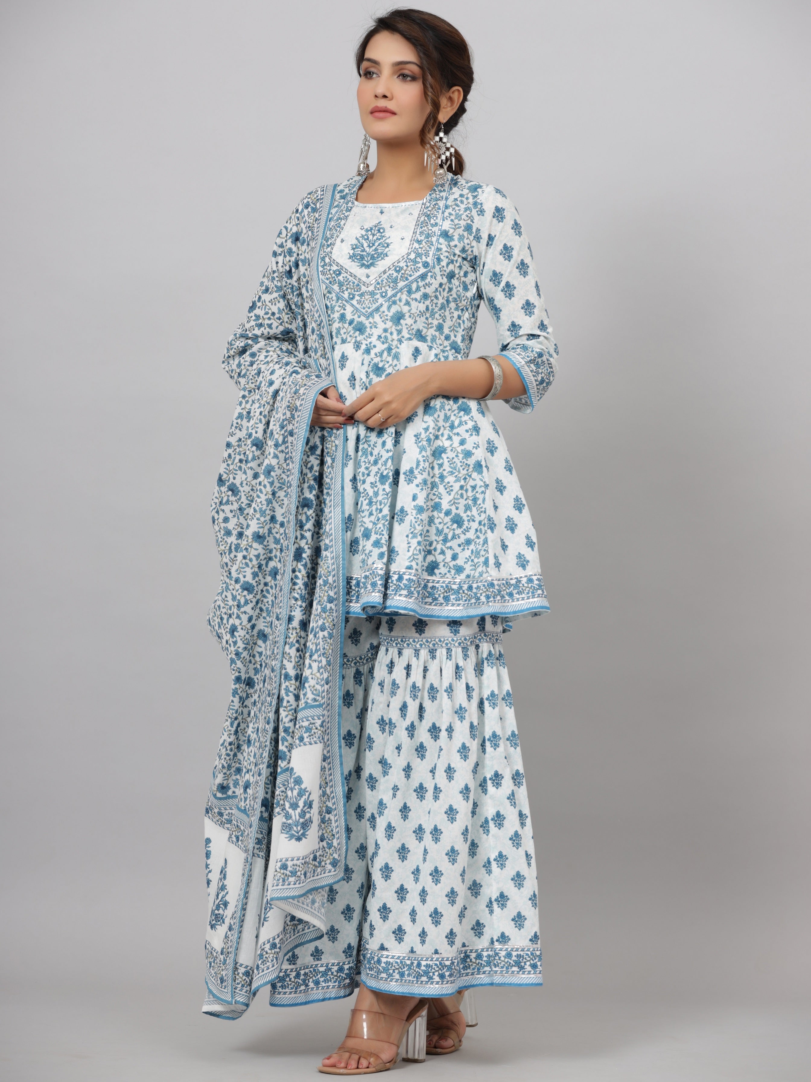 Juniper Women's Blue Cotton Cambric Floral Placement Printed Anarkali Kurta Sharara & Dupatta Set