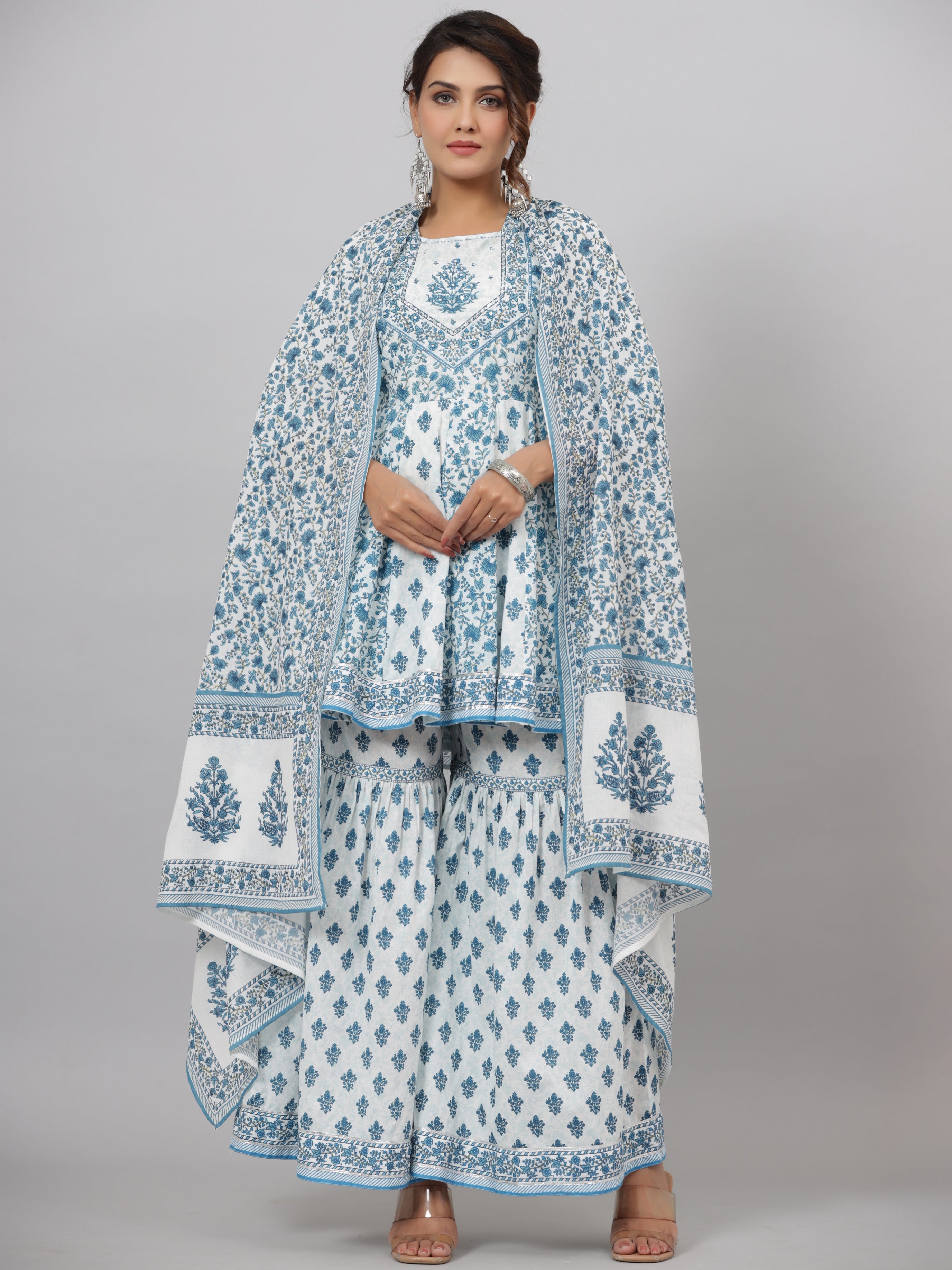 Juniper Women's Blue Cotton Cambric Floral Placement Printed Anarkali Kurta Sharara & Dupatta Set