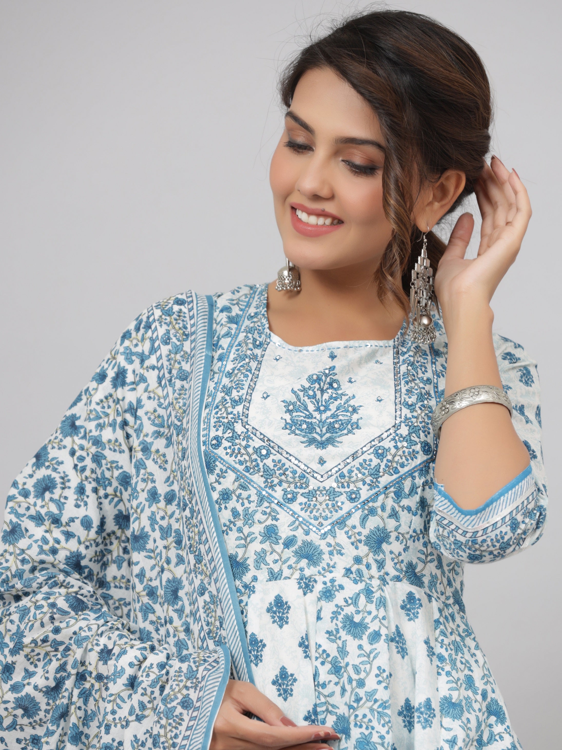 Juniper Women's Blue Cotton Cambric Floral Placement Printed Anarkali Kurta Sharara & Dupatta Set