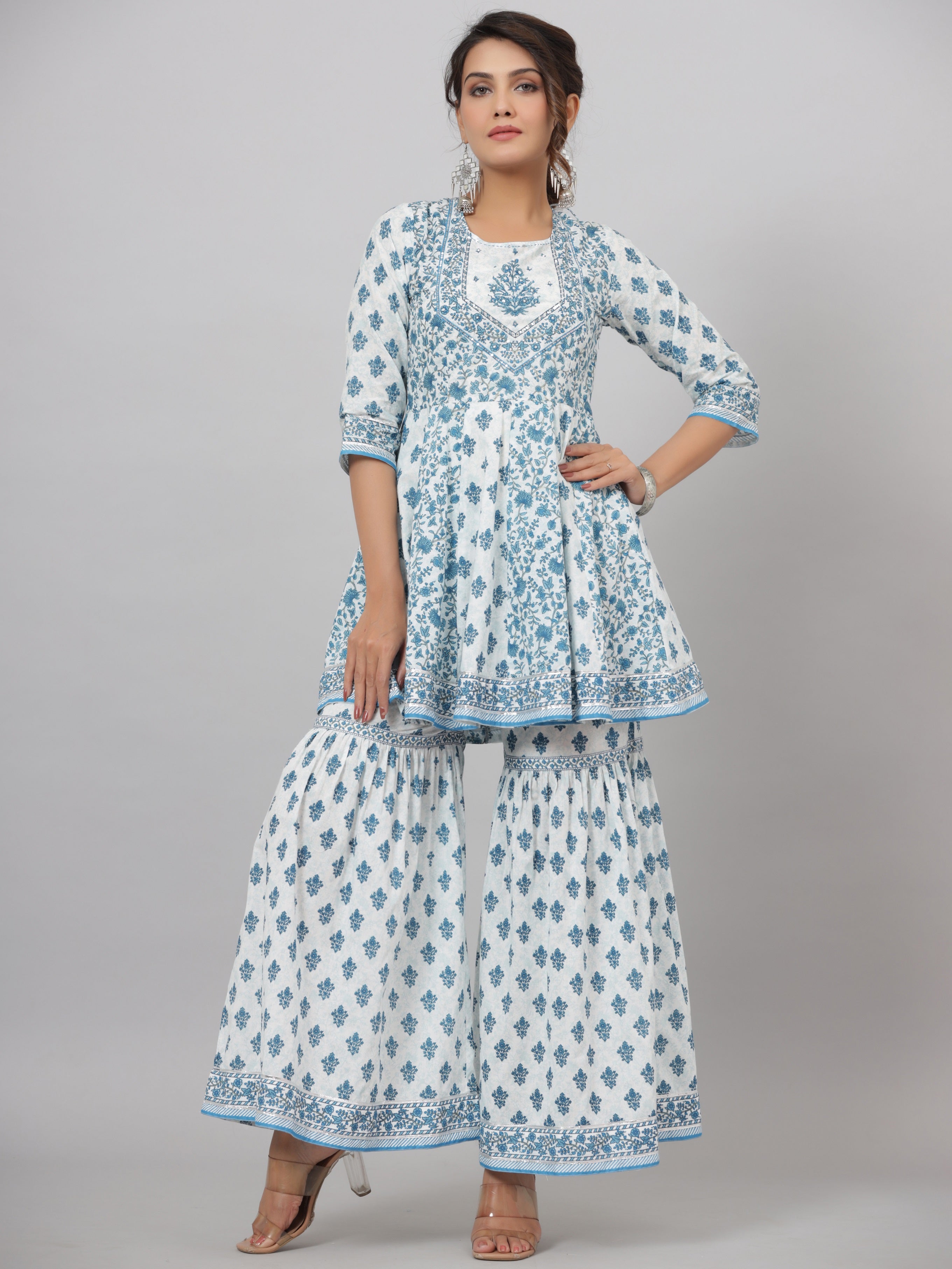 Juniper Women's Blue Cotton Cambric Floral Placement Printed Anarkali Kurta Sharara & Dupatta Set