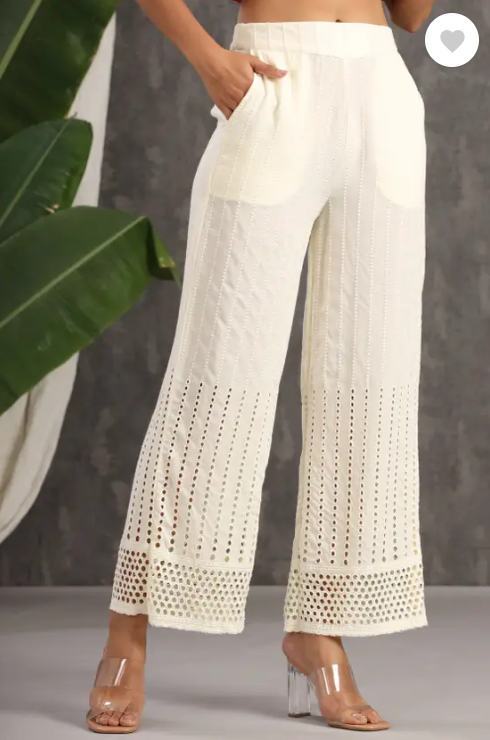 Ivory Solid Rayon Flared Ankle-Length Palazzo.