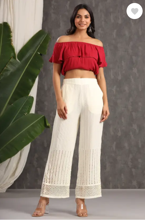 Ivory Solid Rayon Flared Ankle-Length Palazzo.