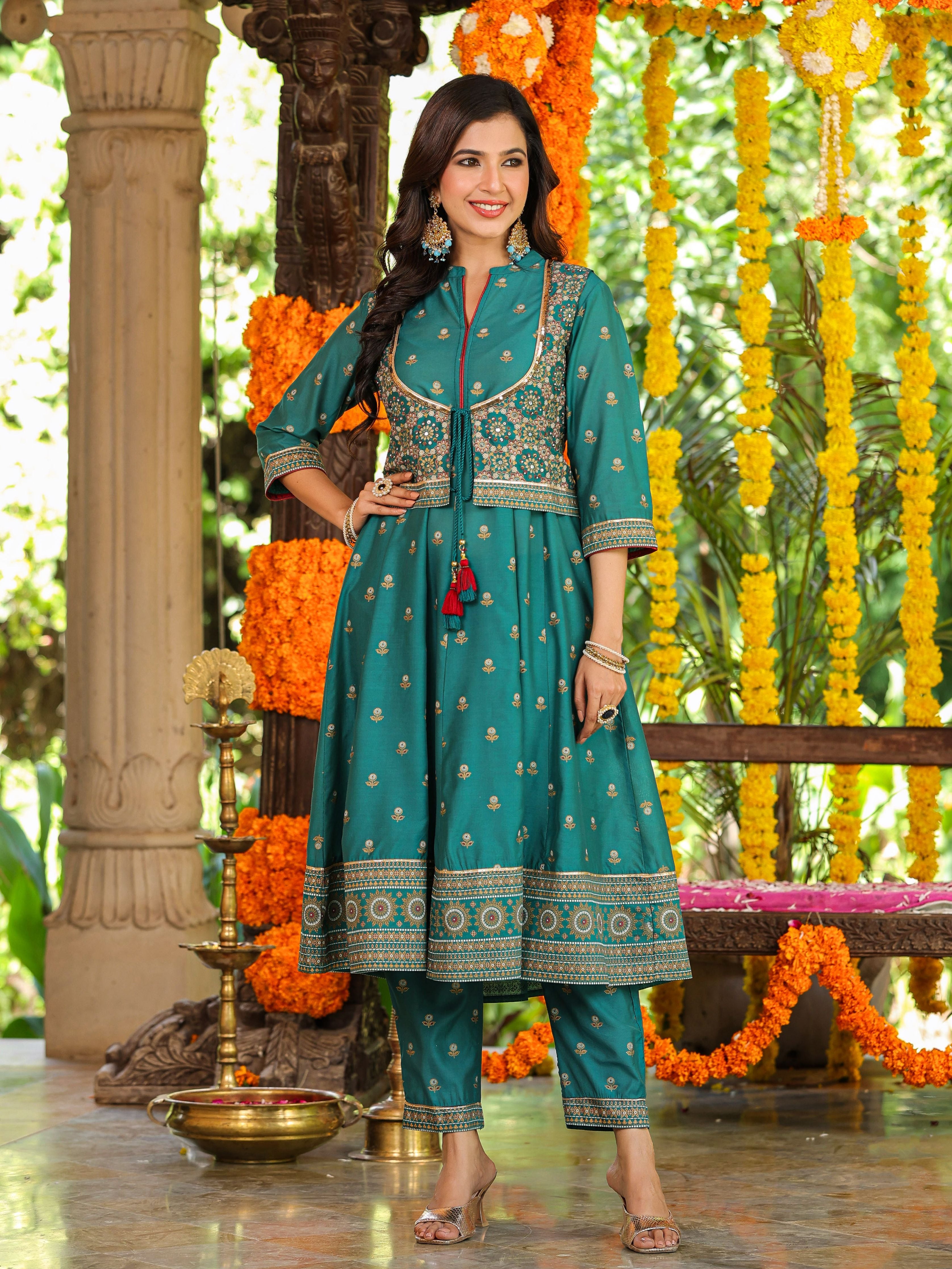Juniper Women Teal Chanderi Printed Kurta& Pants Set