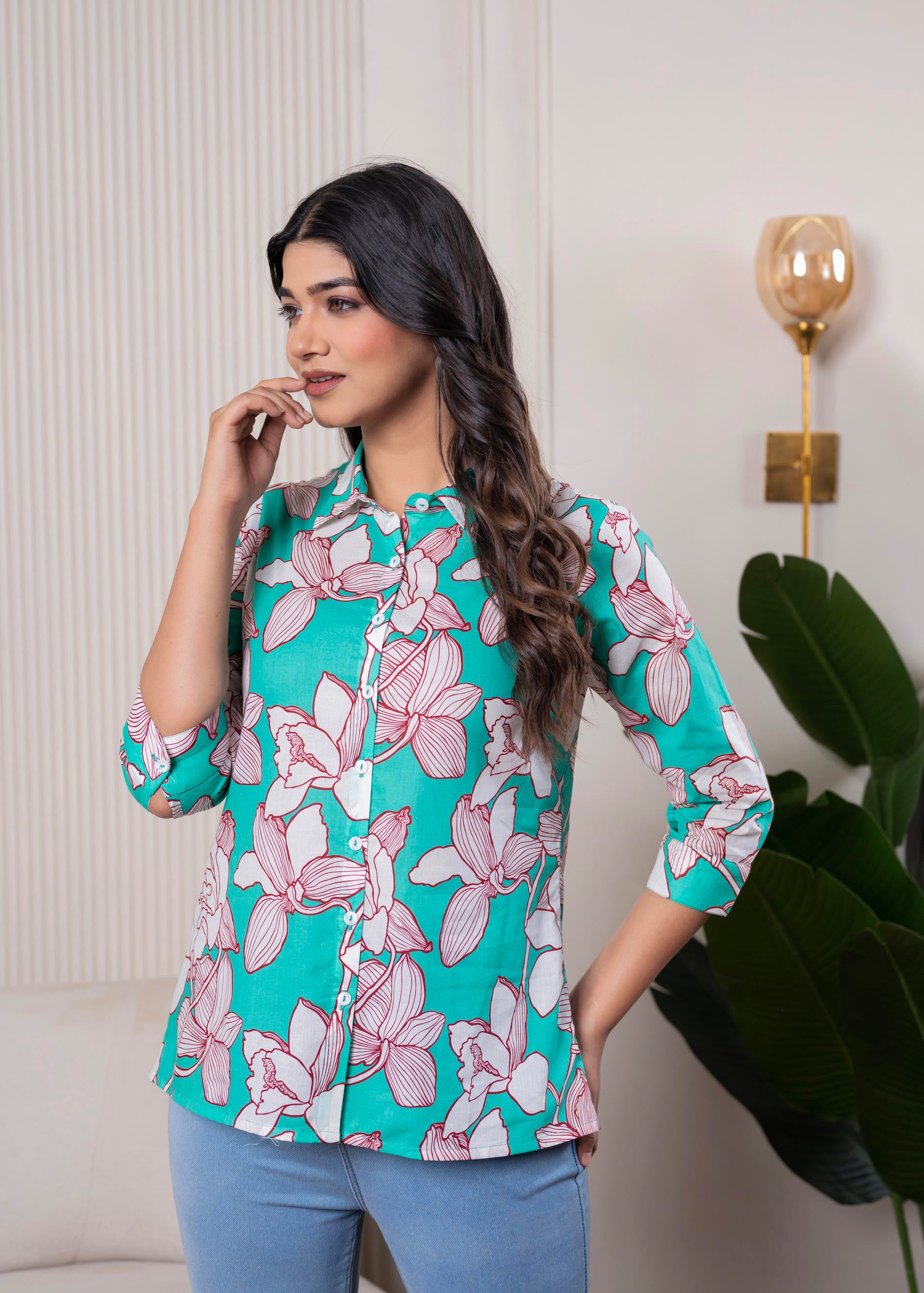 Lamora Turquoise Floral Button-Down Shirt