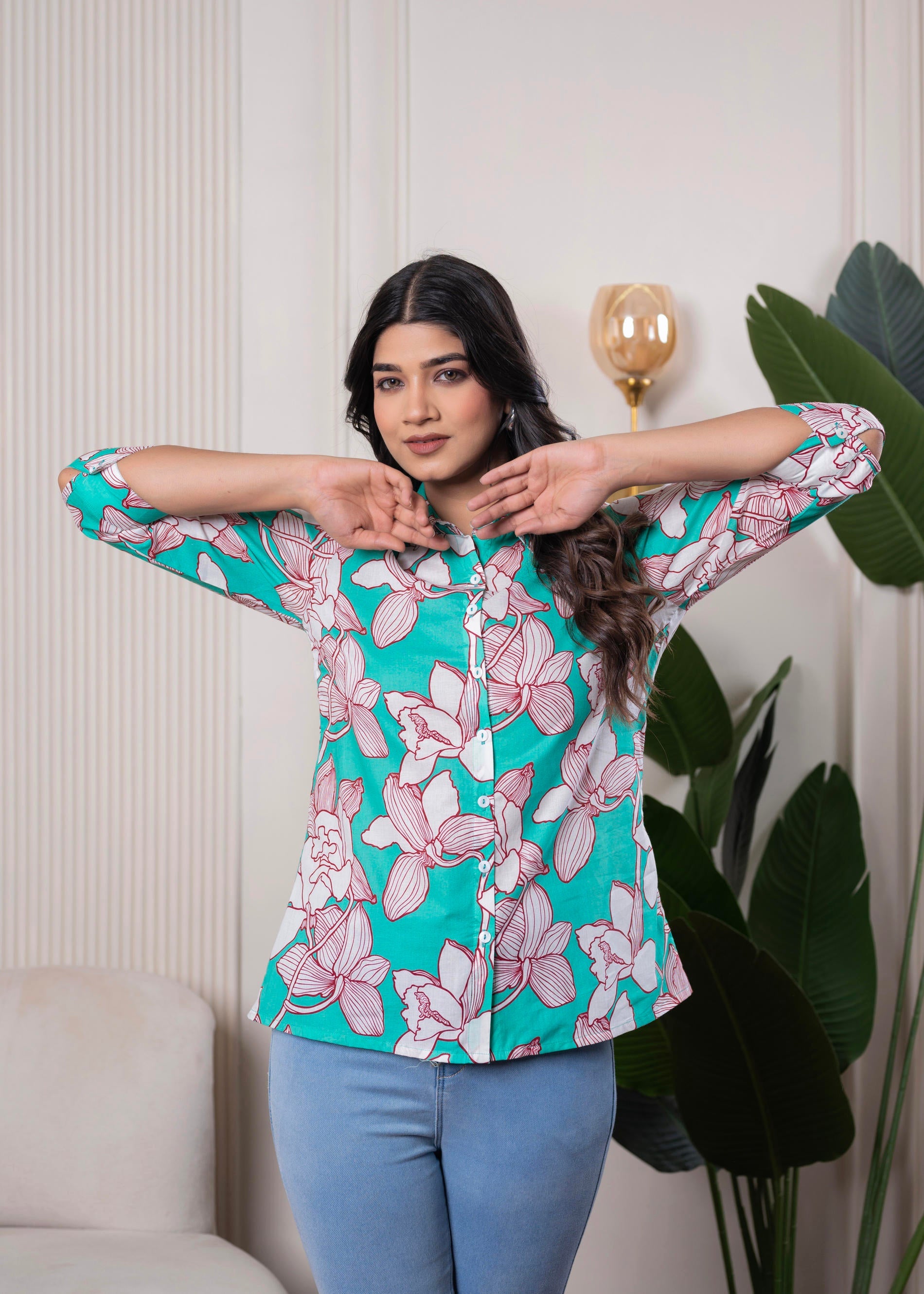 Lamora Turquoise Floral Button-Down Shirt