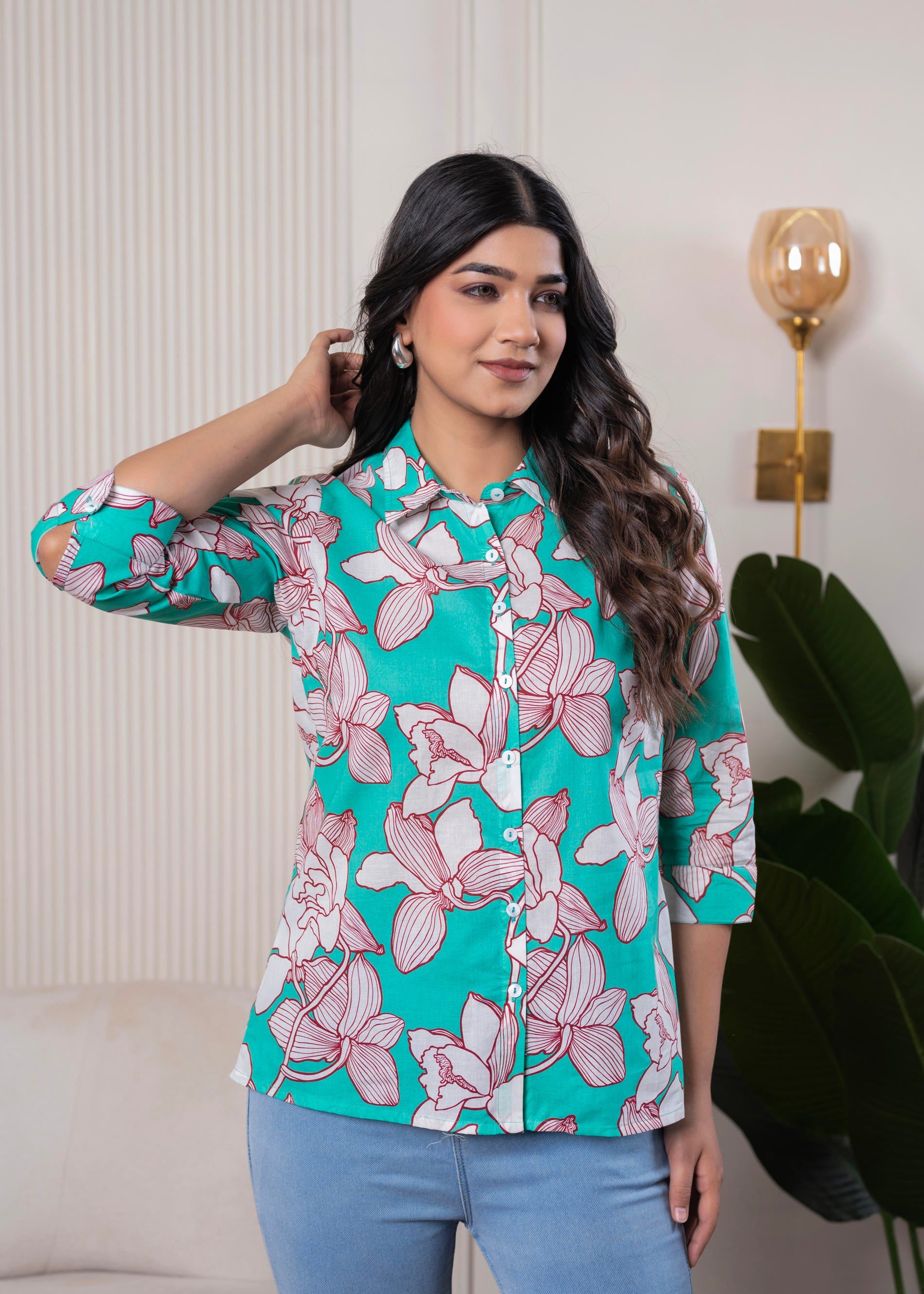 Lamora Turquoise Floral Button-Down Shirt