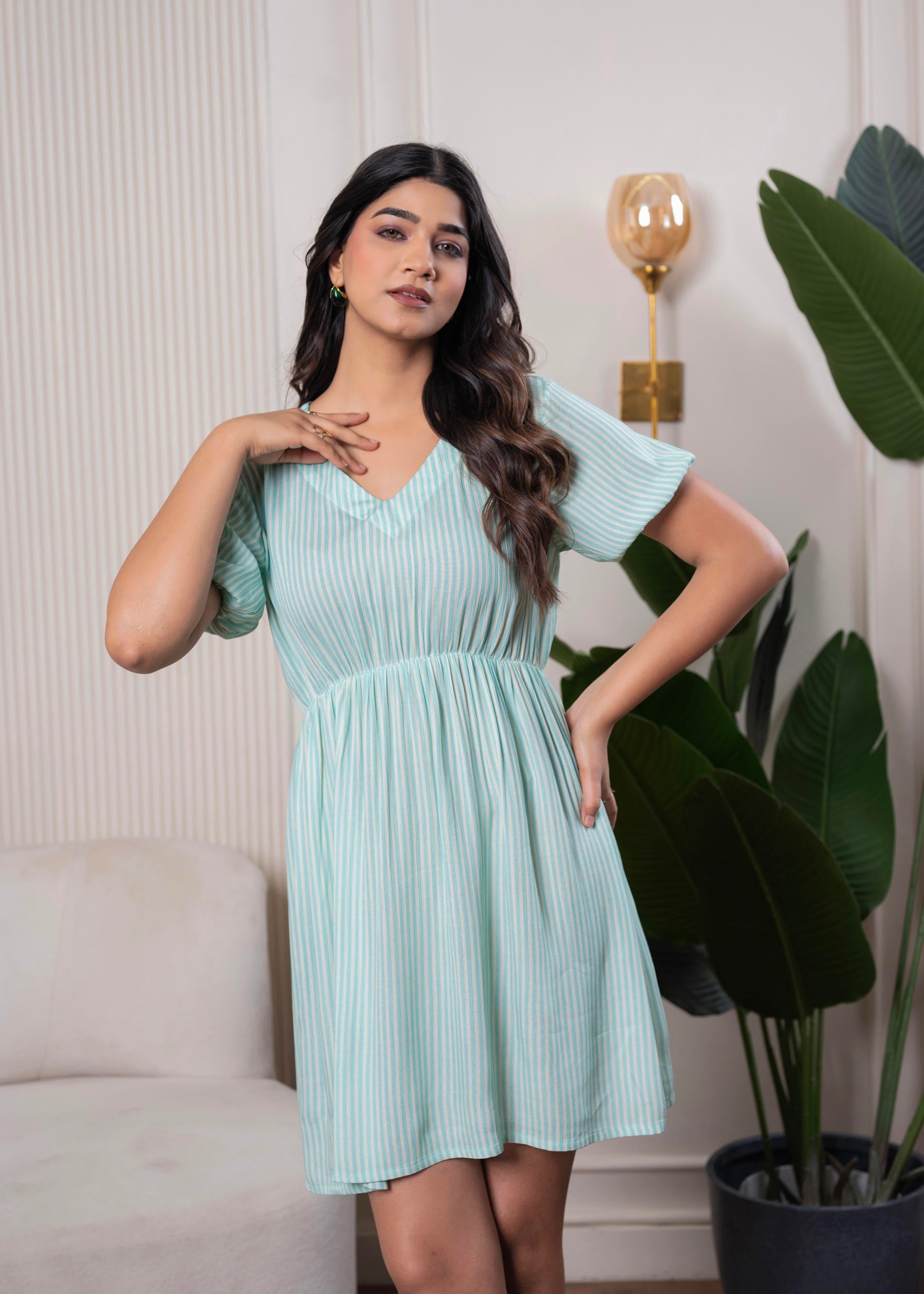 Lamora Turquoise Textured A-Line Short Dress with V-Neck