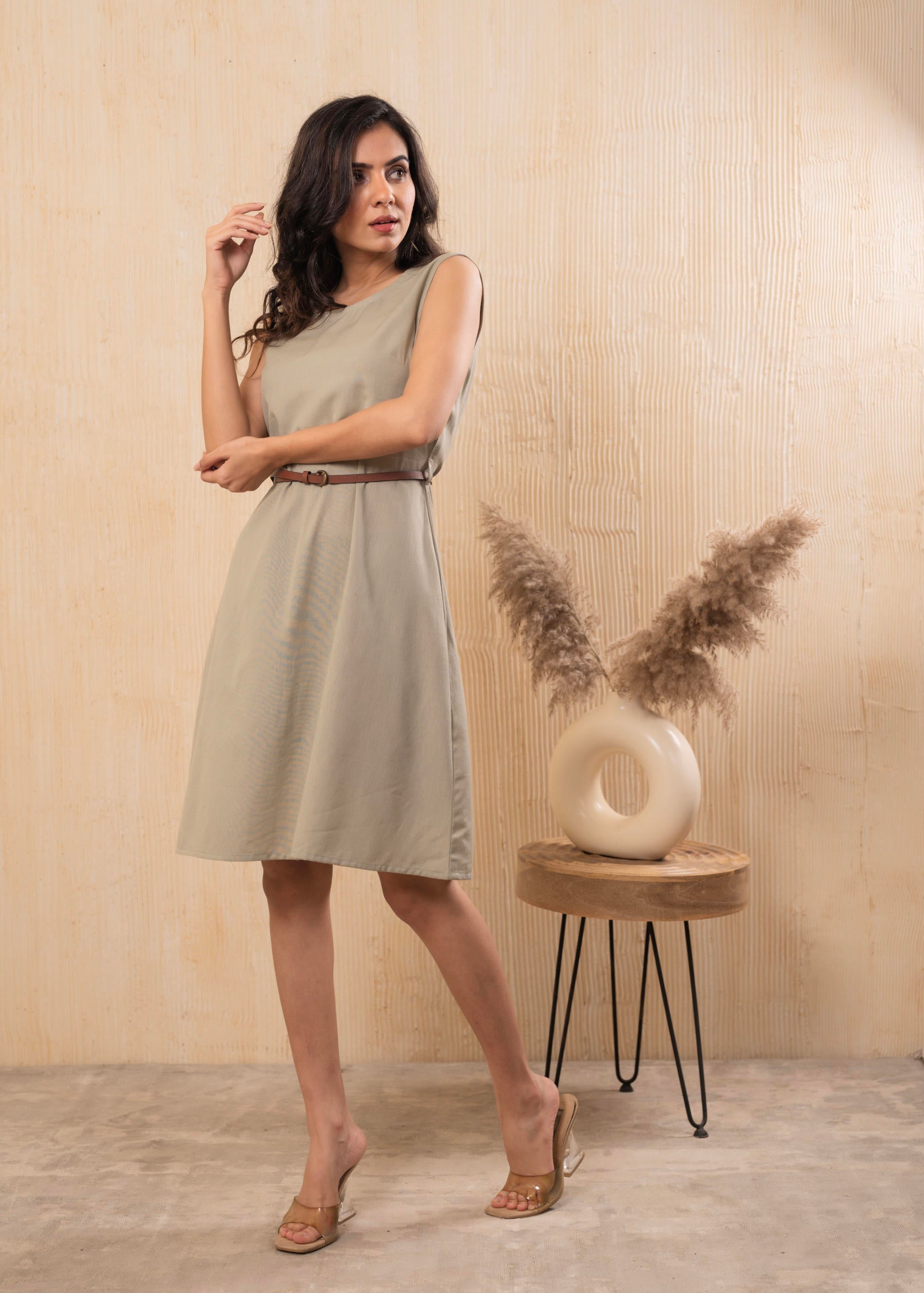 Lamora Beige Sleeveless A-Line Belted Dress