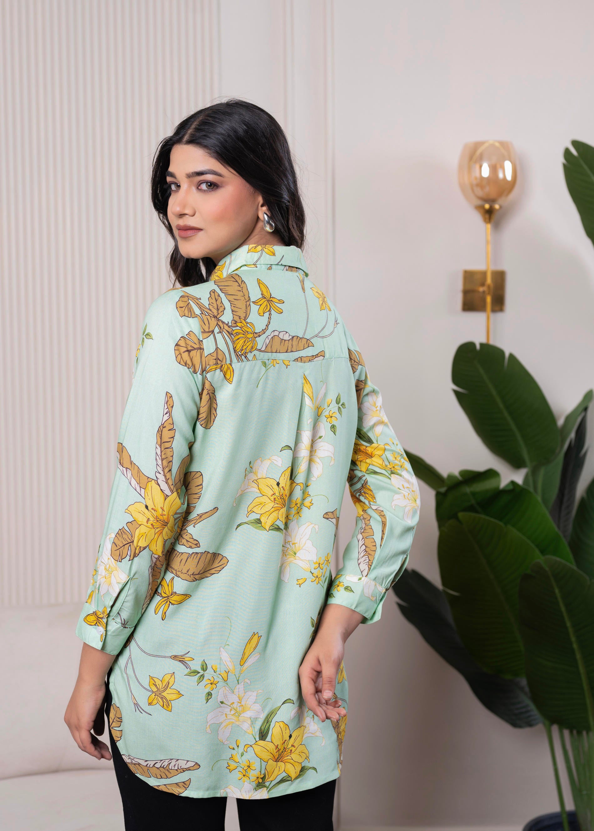 Lamora Mint Green Floral Print Long Sleeve Button-Down Shirt
