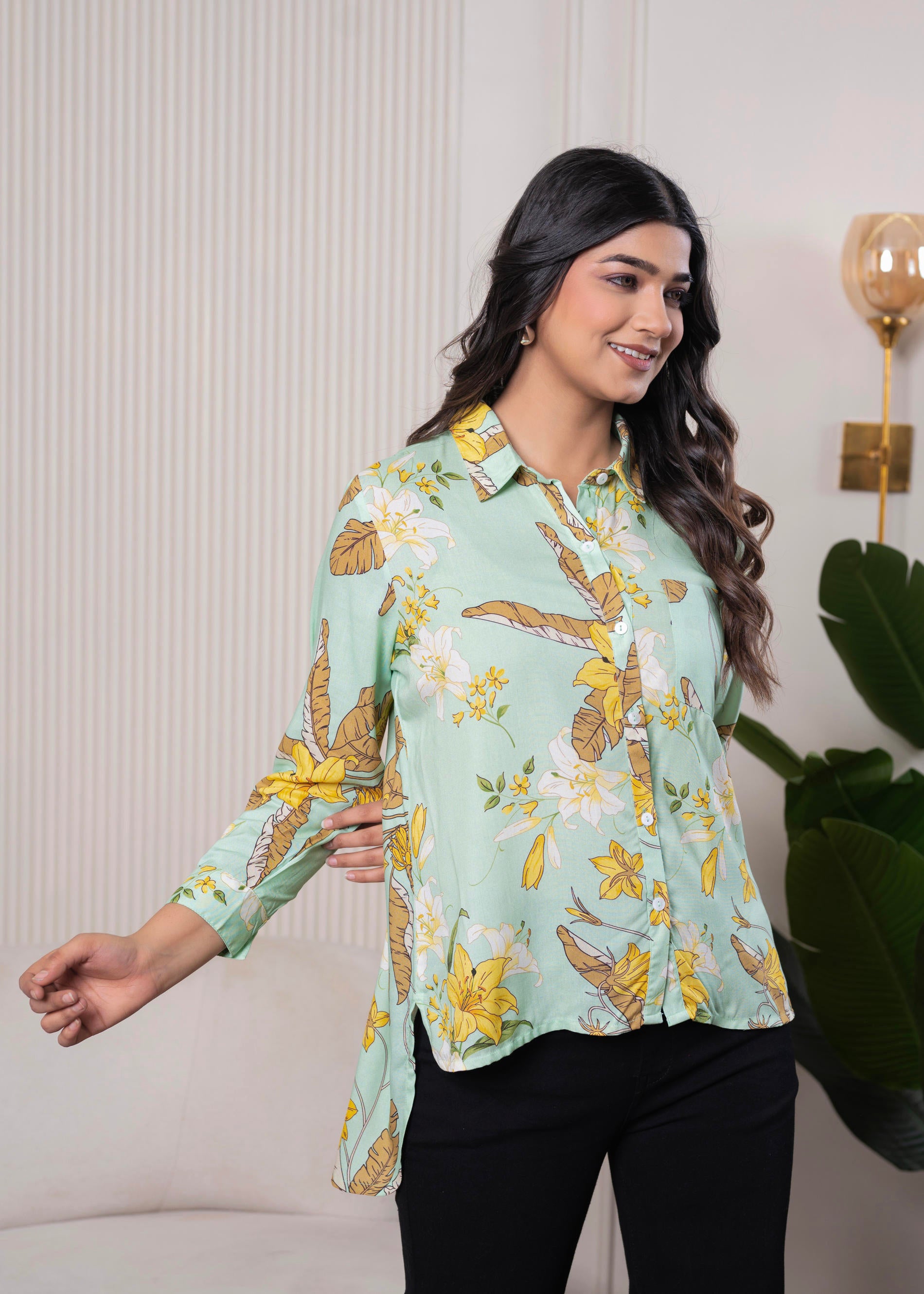 Lamora Mint Green Floral Print Long Sleeve Button-Down Shirt
