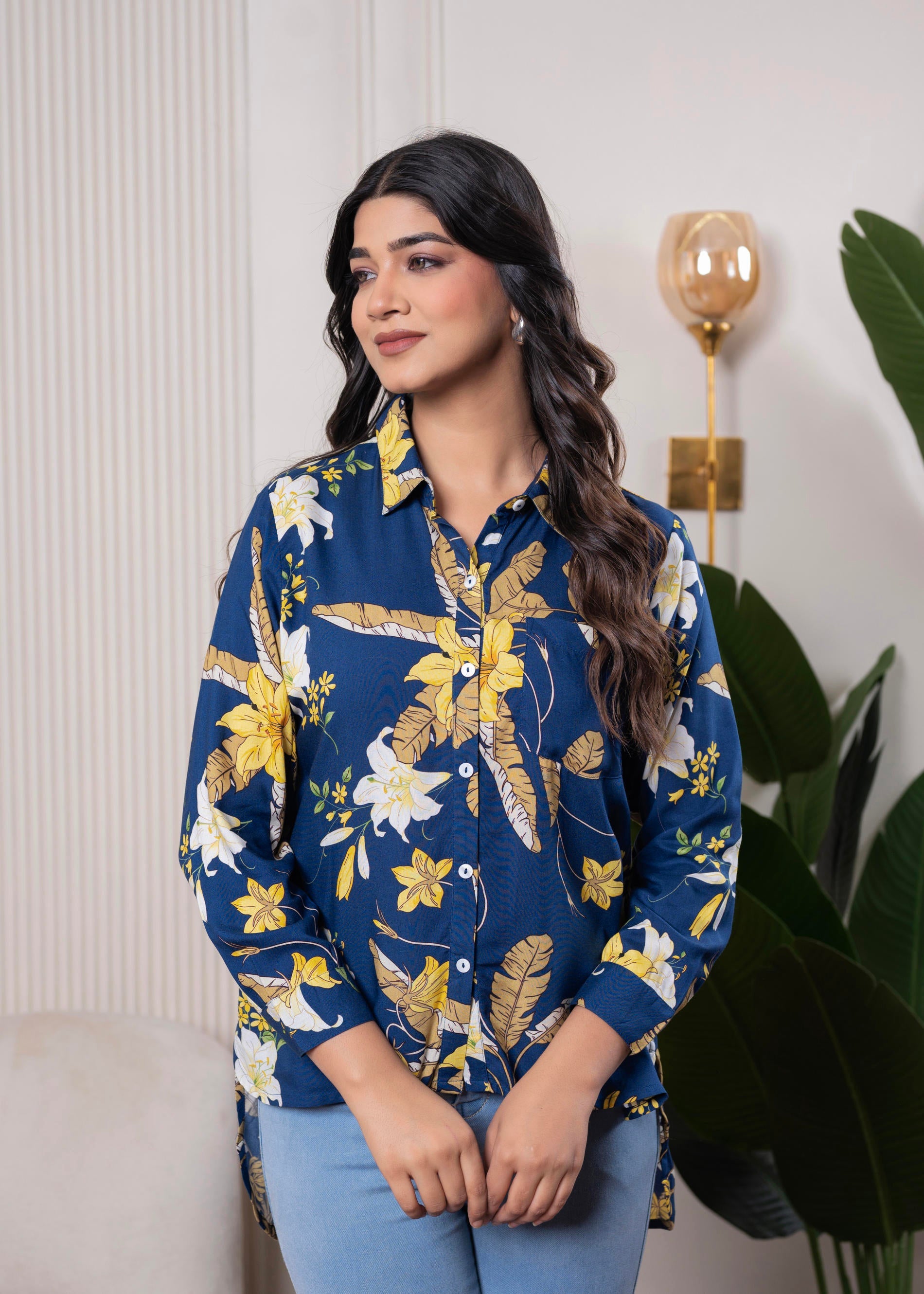 Lamora Navy Blue Floral Print Long Sleeve Button-Down Shirt