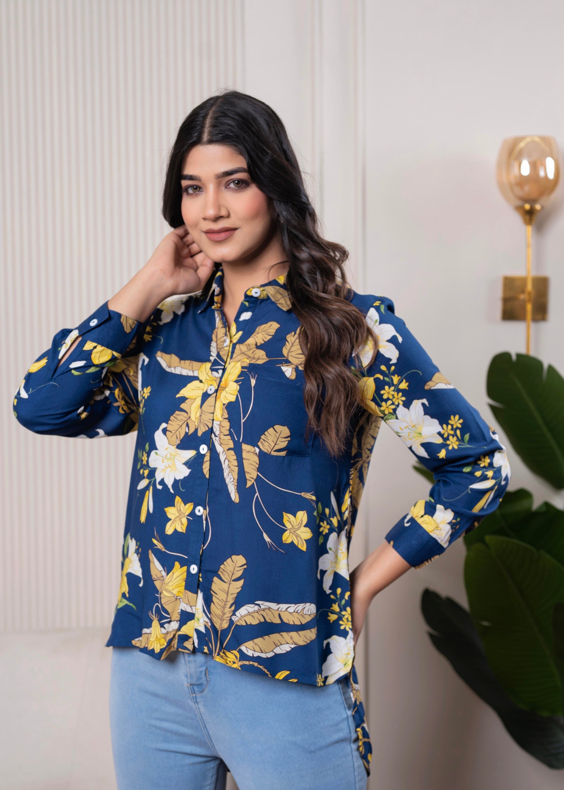 Lamora Navy Blue Floral Print Long Sleeve Button-Down Shirt