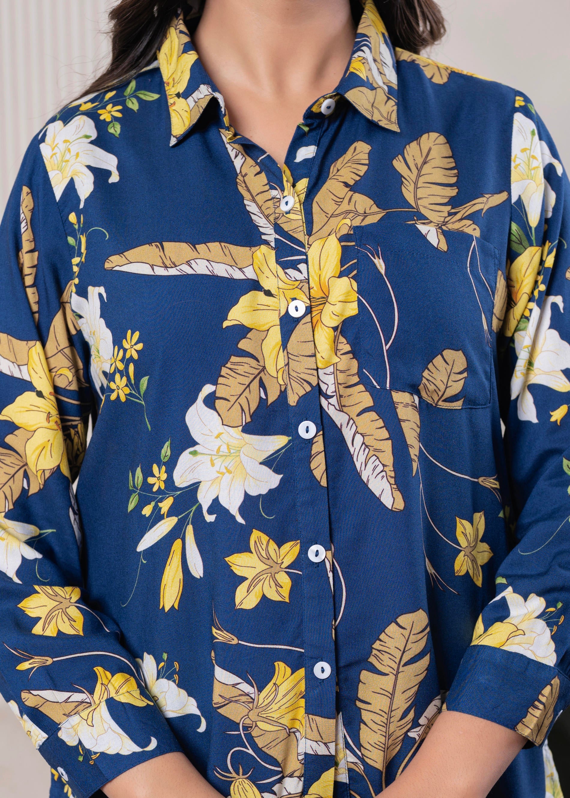 Lamora Navy Blue Floral Print Long Sleeve Button-Down Shirt