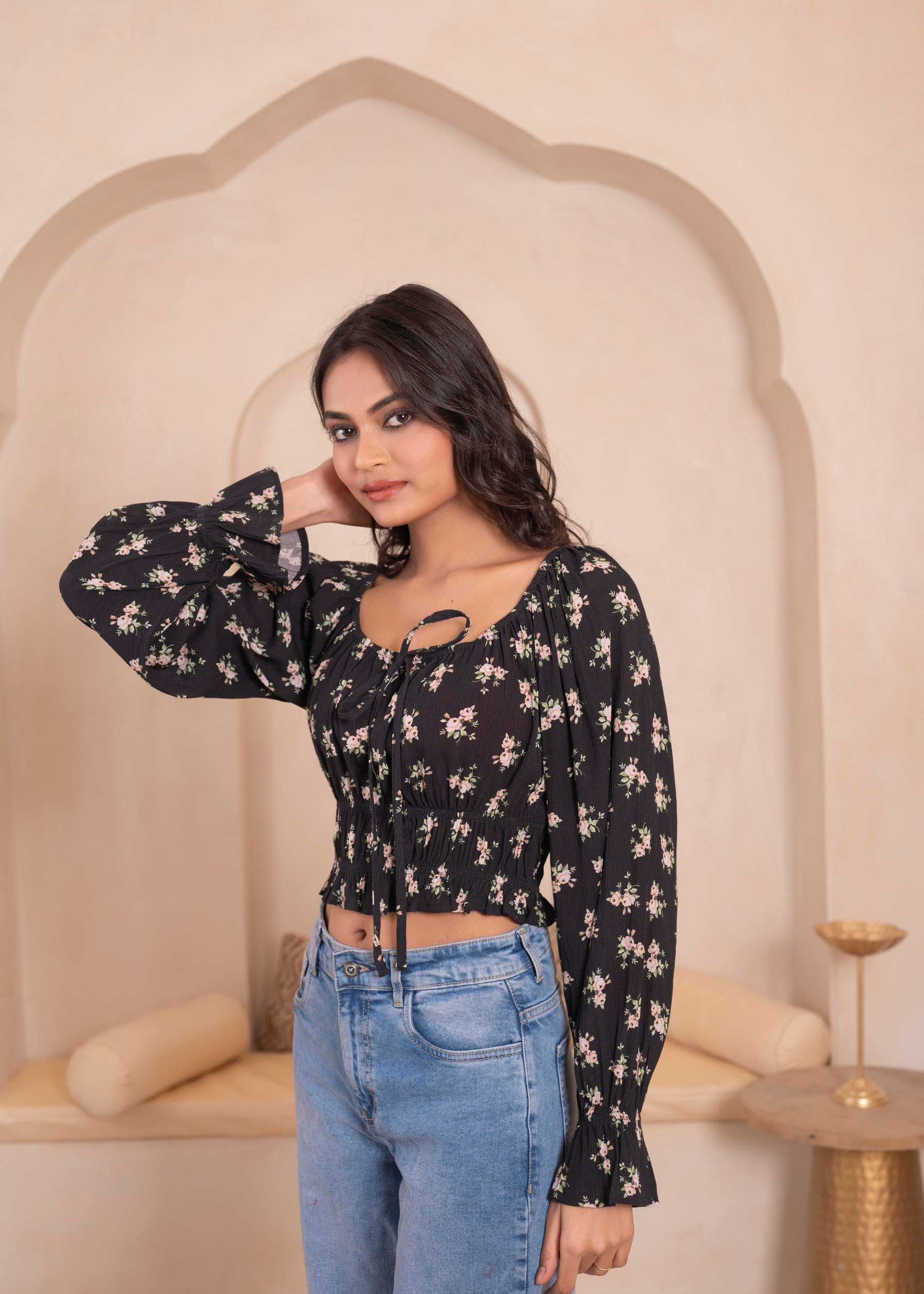 Lamora Black Floral Smocked Crop Top
