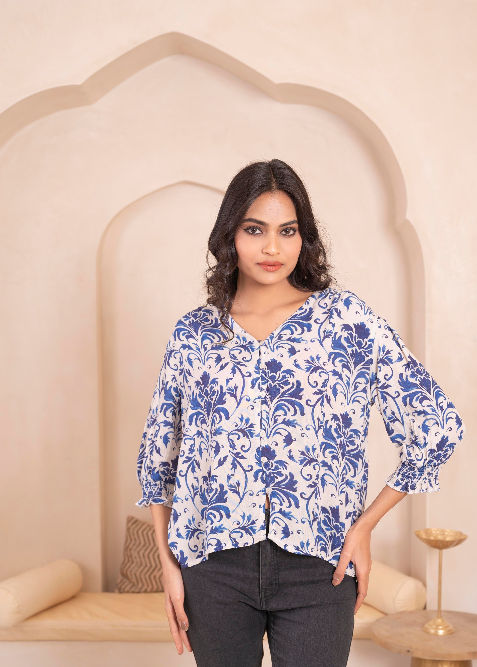 Lamora White & Blue Baroque Floral Printed Top