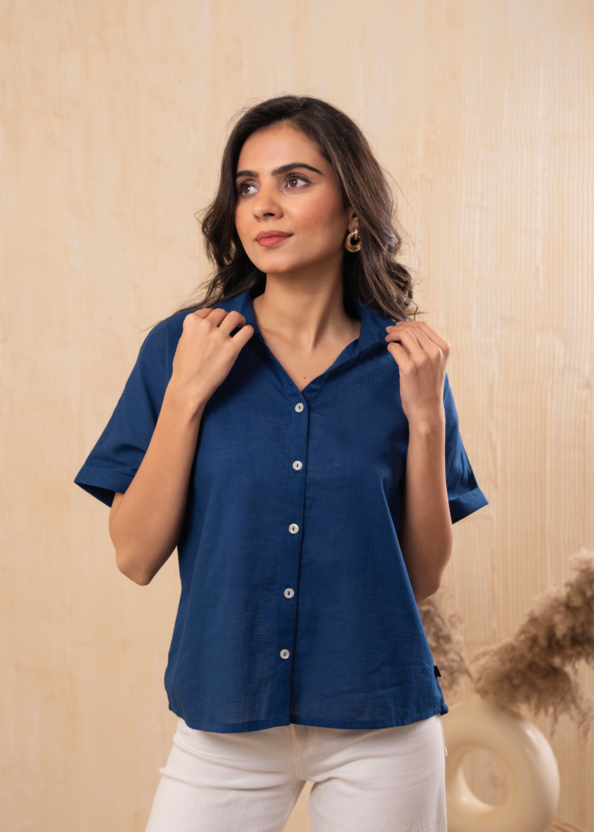 Lamora Teal Blue Oversized Boxy Shirt with Front Button Closure