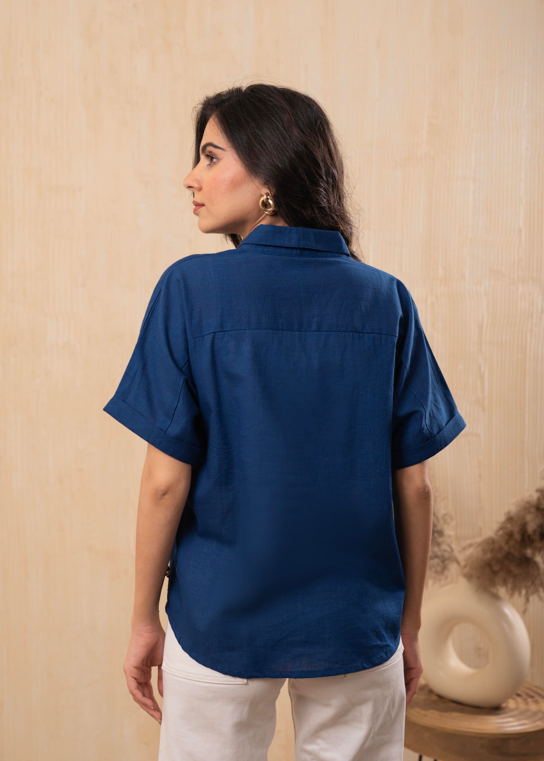 Lamora Teal Blue Oversized Boxy Shirt with Front Button Closure
