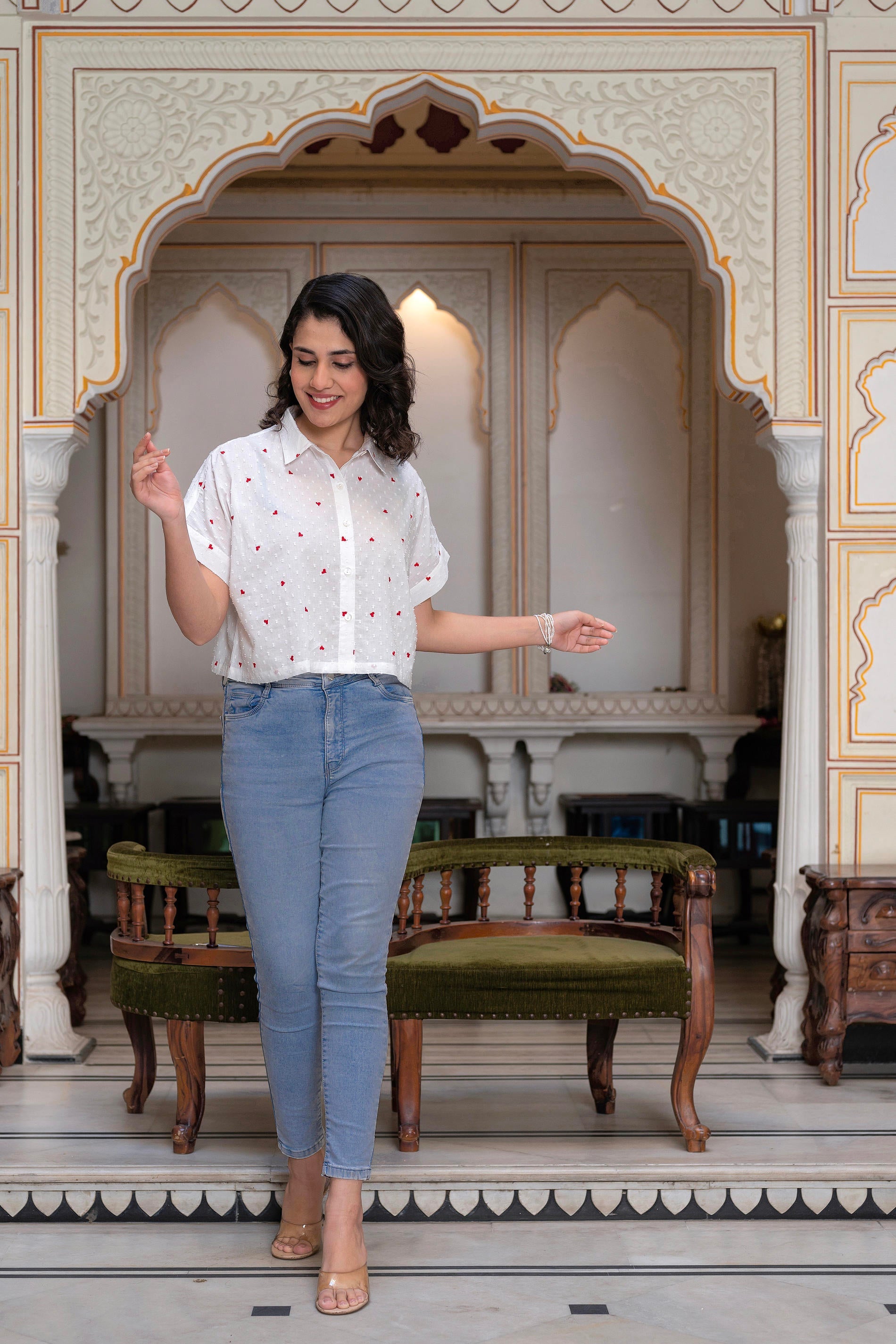 White, Heart-Patterned Short Sleeve Casual Shirt for Women