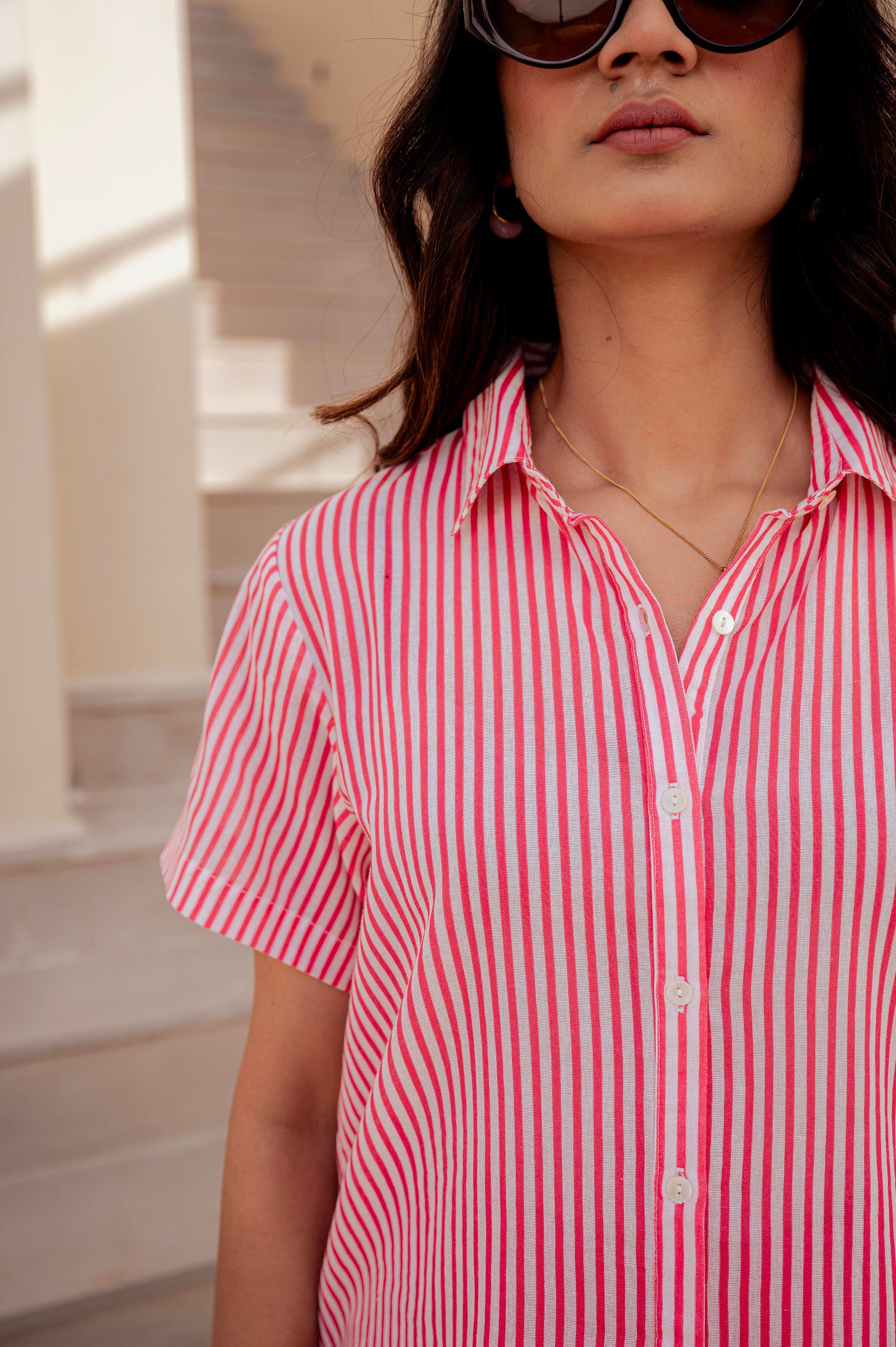 Lamora Vertical Striped Short-Sleeve Shirt