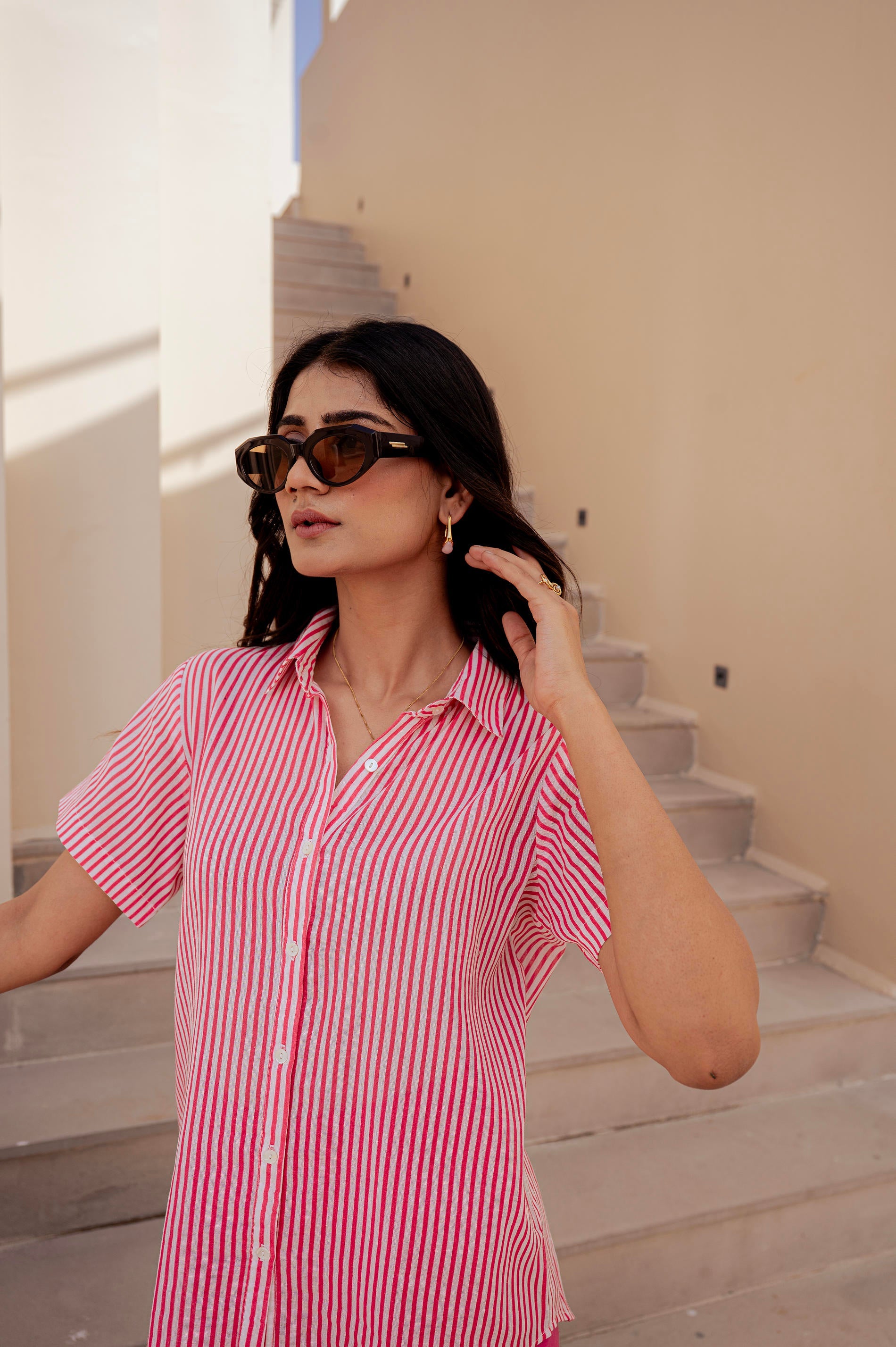 Lamora Vertical Striped Short-Sleeve Shirt