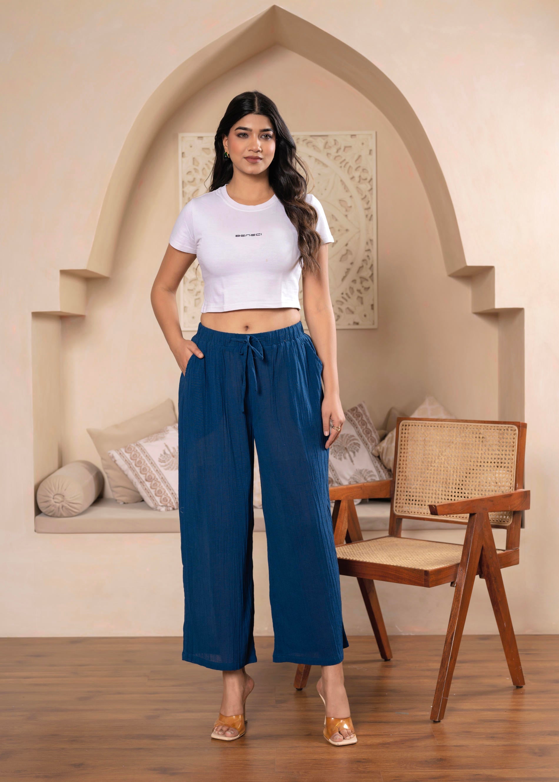 Lamora Women’s Blue Wide-Leg Tie-Up Palazzo Pants