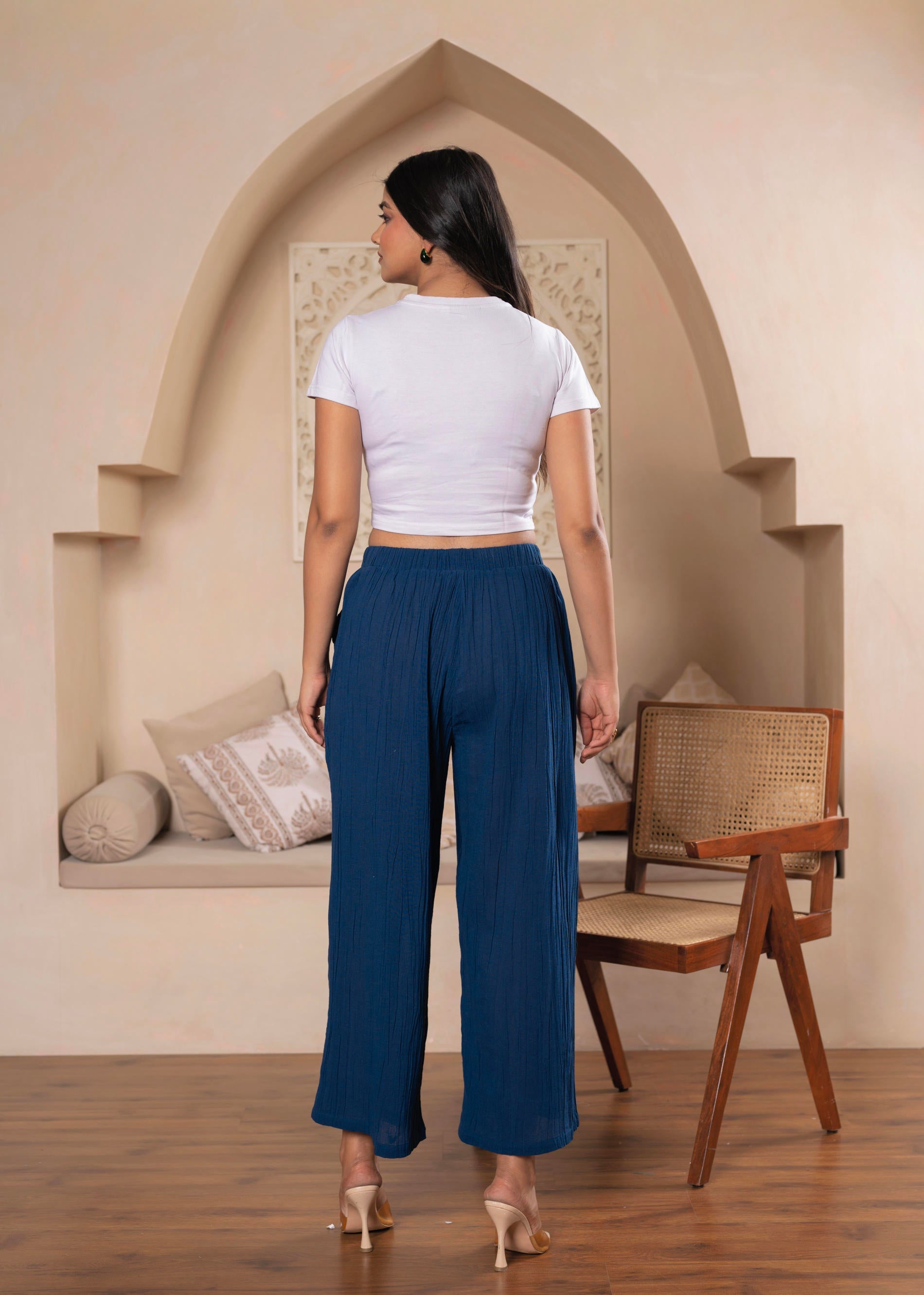 Lamora Women’s Blue Wide-Leg Tie-Up Palazzo Pants