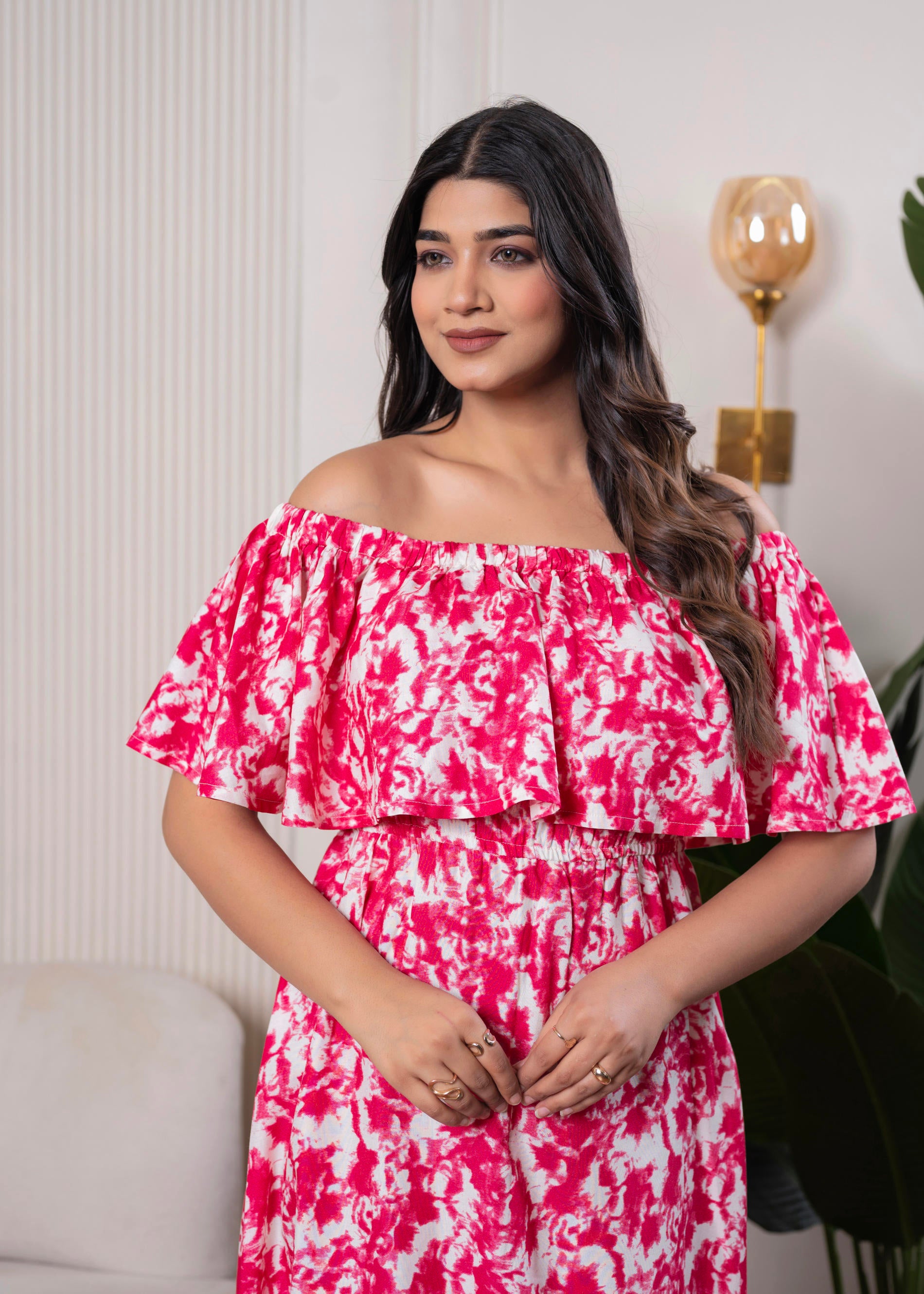Lamora Pink & White Off-Shoulder Ruffle Midi Dress