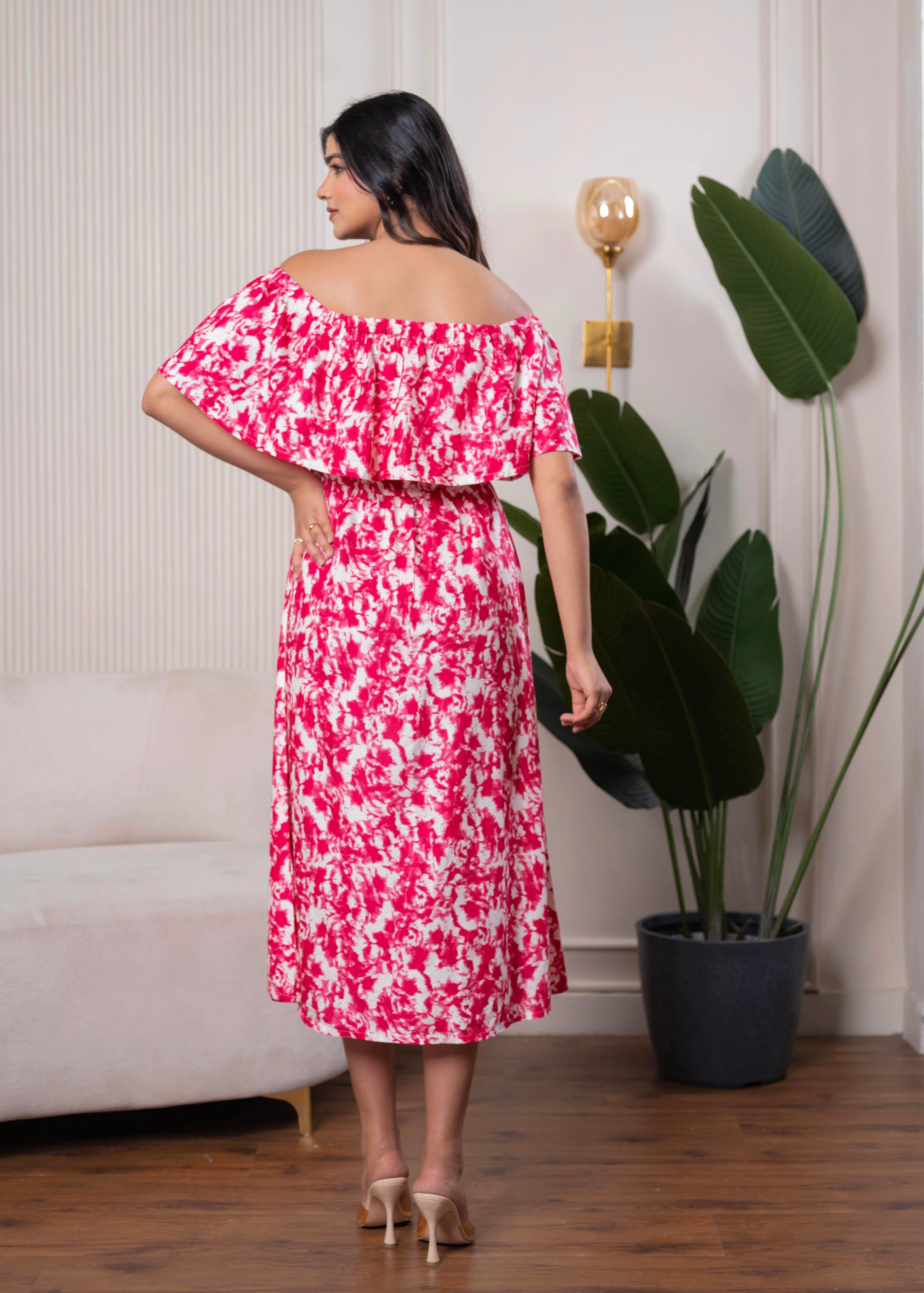 Lamora Pink & White Off-Shoulder Ruffle Midi Dress