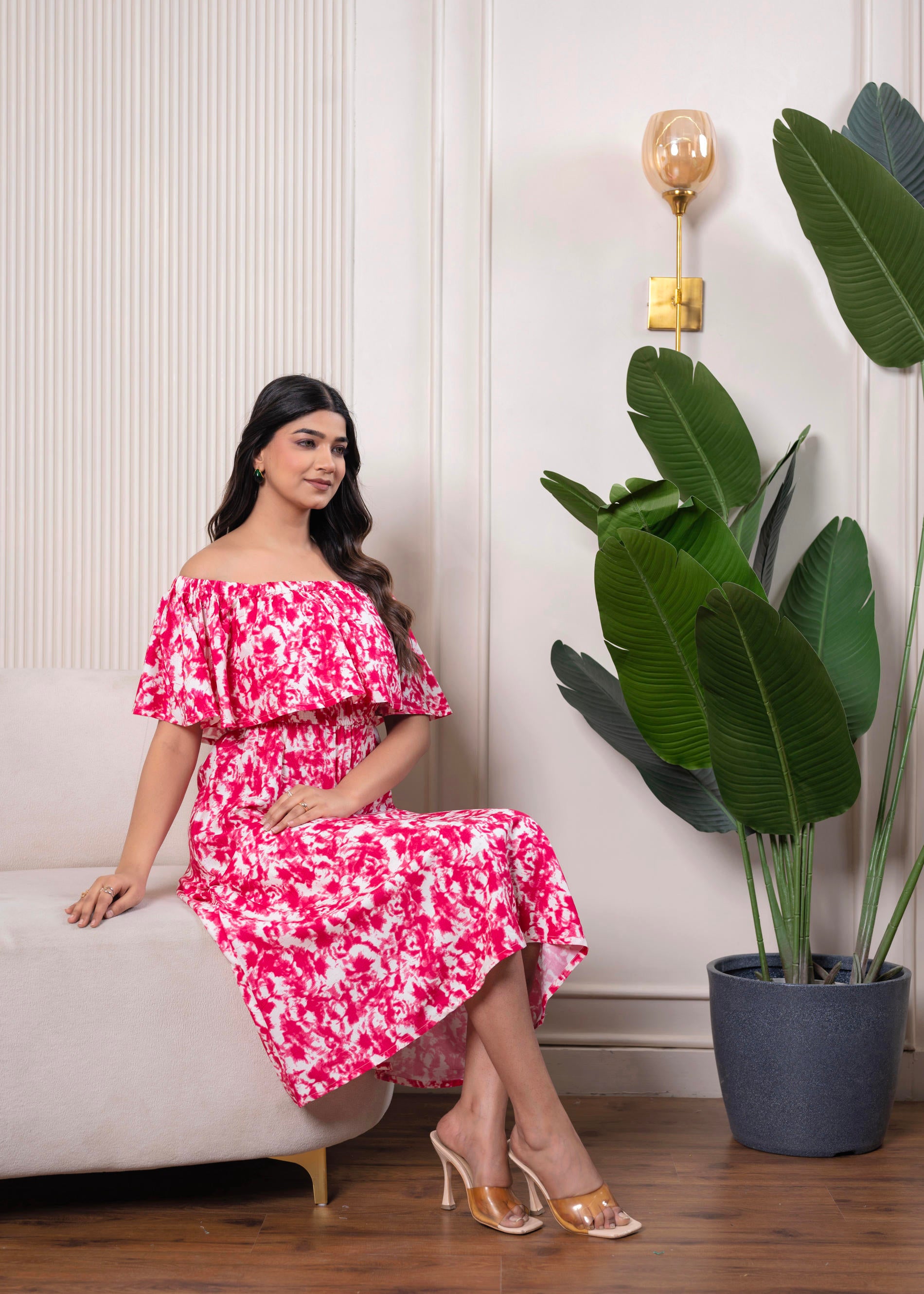 Lamora Pink & White Off-Shoulder Ruffle Midi Dress