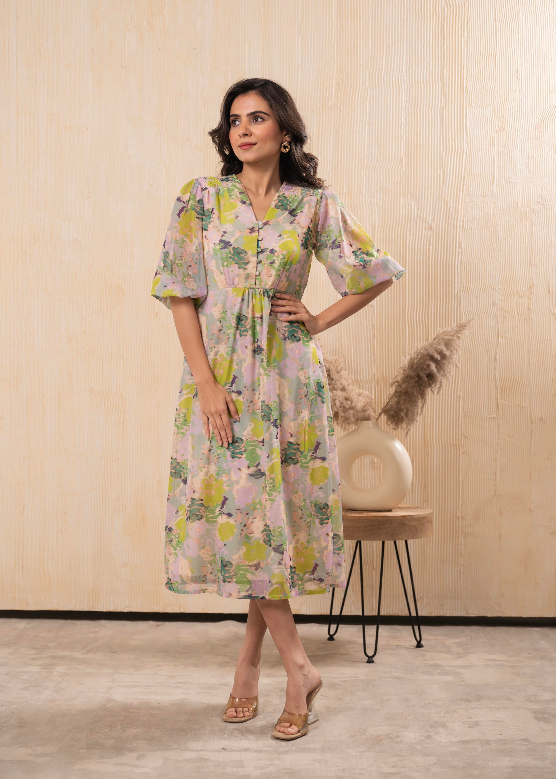 Lamora Pastel Floral A-Line Midi Dress
