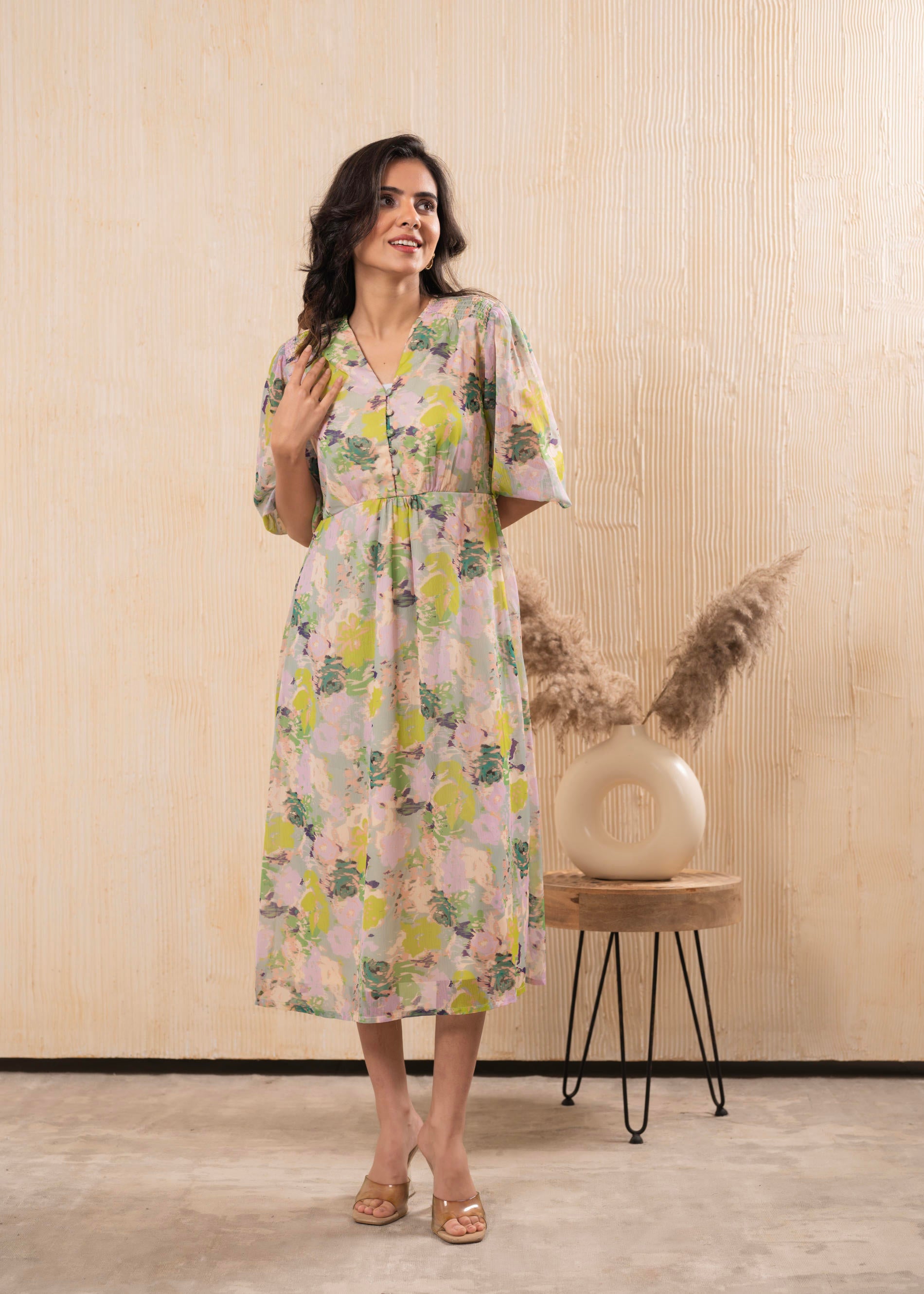 Lamora Pastel Floral A-Line Midi Dress