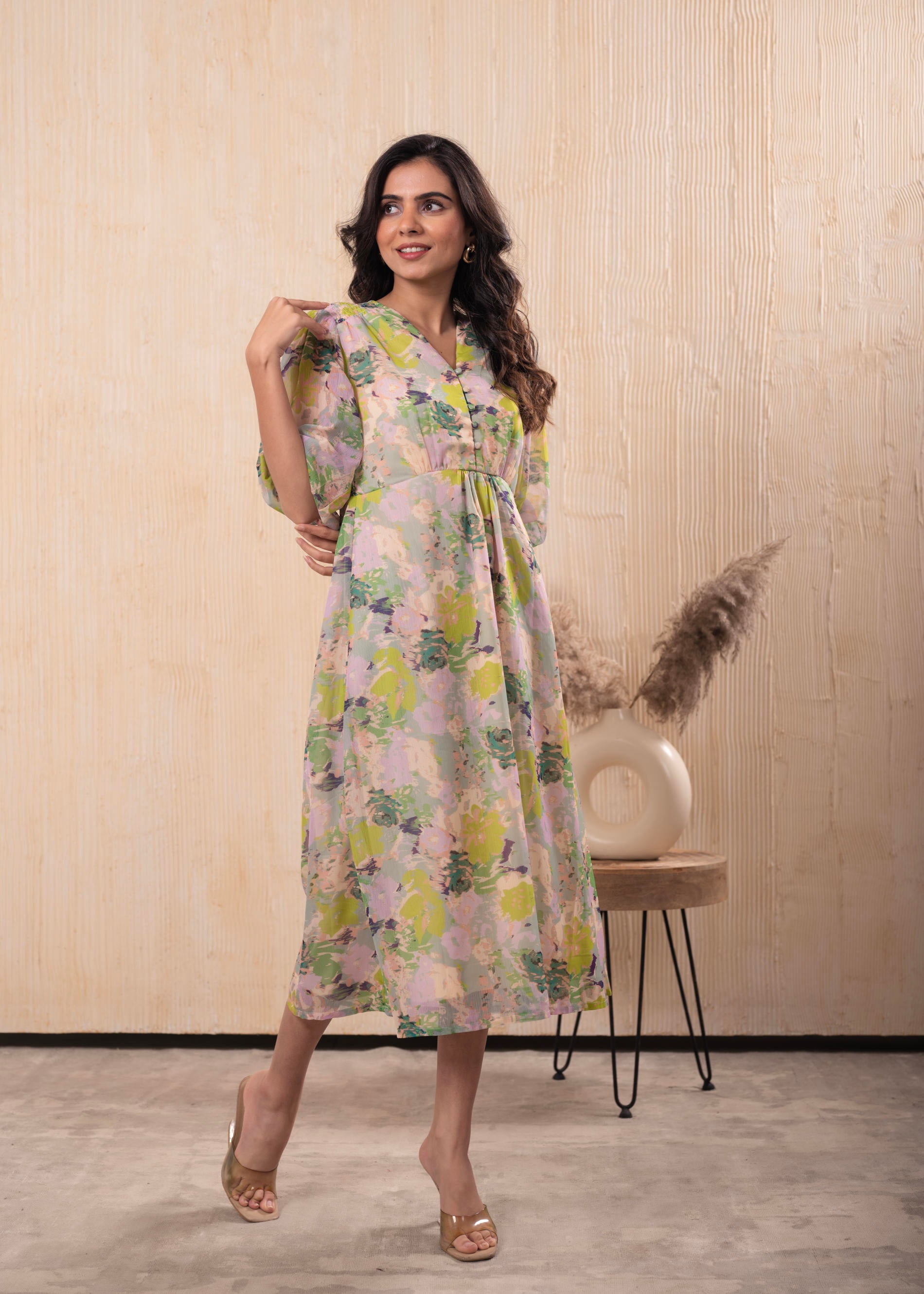 Lamora Pastel Floral A-Line Midi Dress