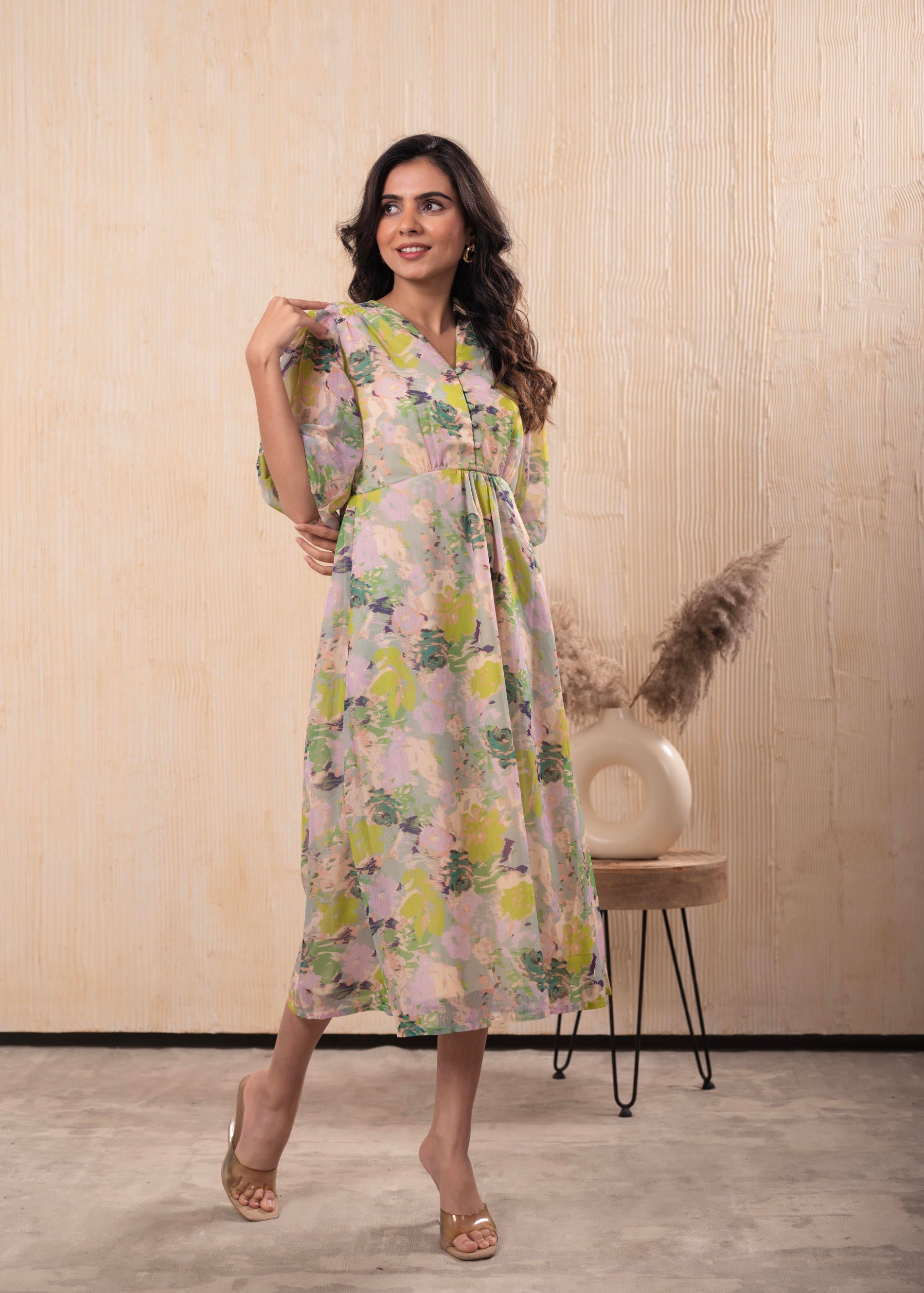 Lamora Pastel Floral A-Line Midi Dress