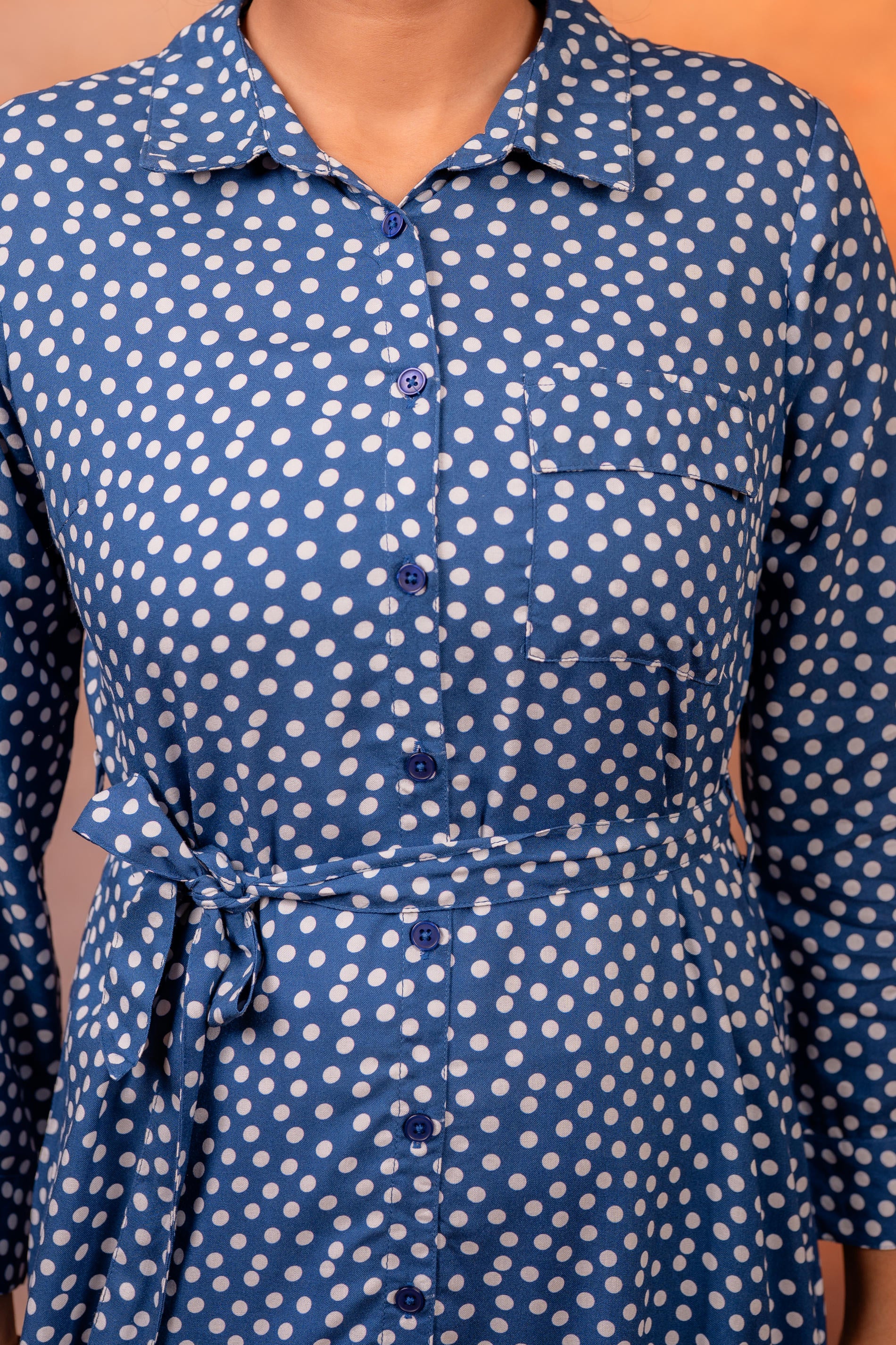Lamora Navy Blue Polka Dot Shirt Dress with Waist Tie