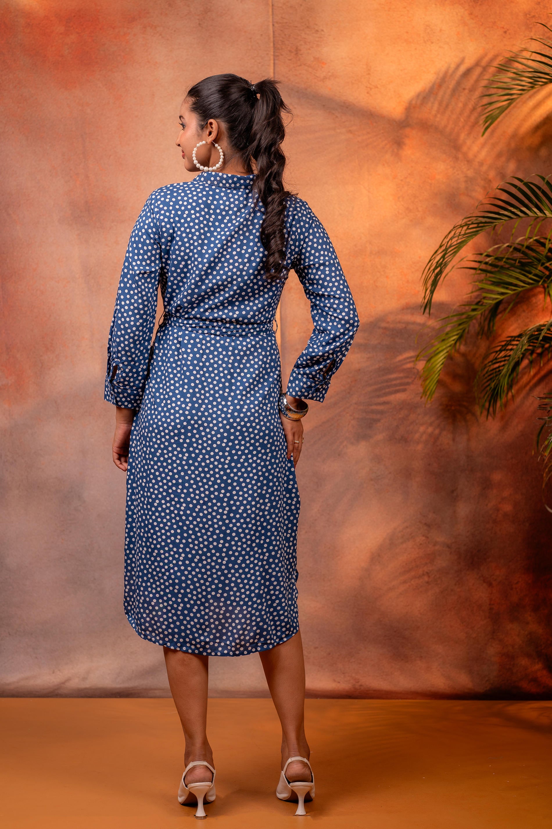 Lamora Navy Blue Polka Dot Shirt Dress with Waist Tie